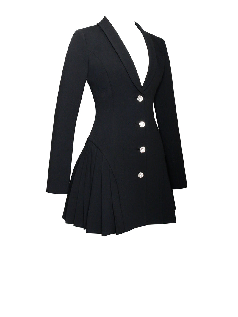 Ria Black Blazer Mini Dress with Crystal Button and Pleated Detail