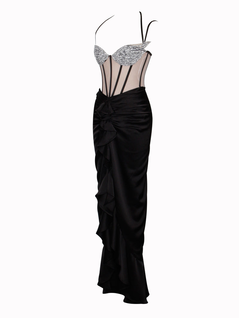 Rafaela Black Satin Corset Sequin Wing Cup Dress – Miss Circle