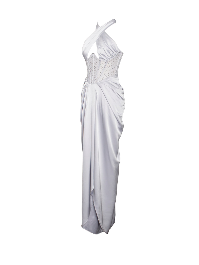 Noemie Silver Crystal Corset Satin Gown