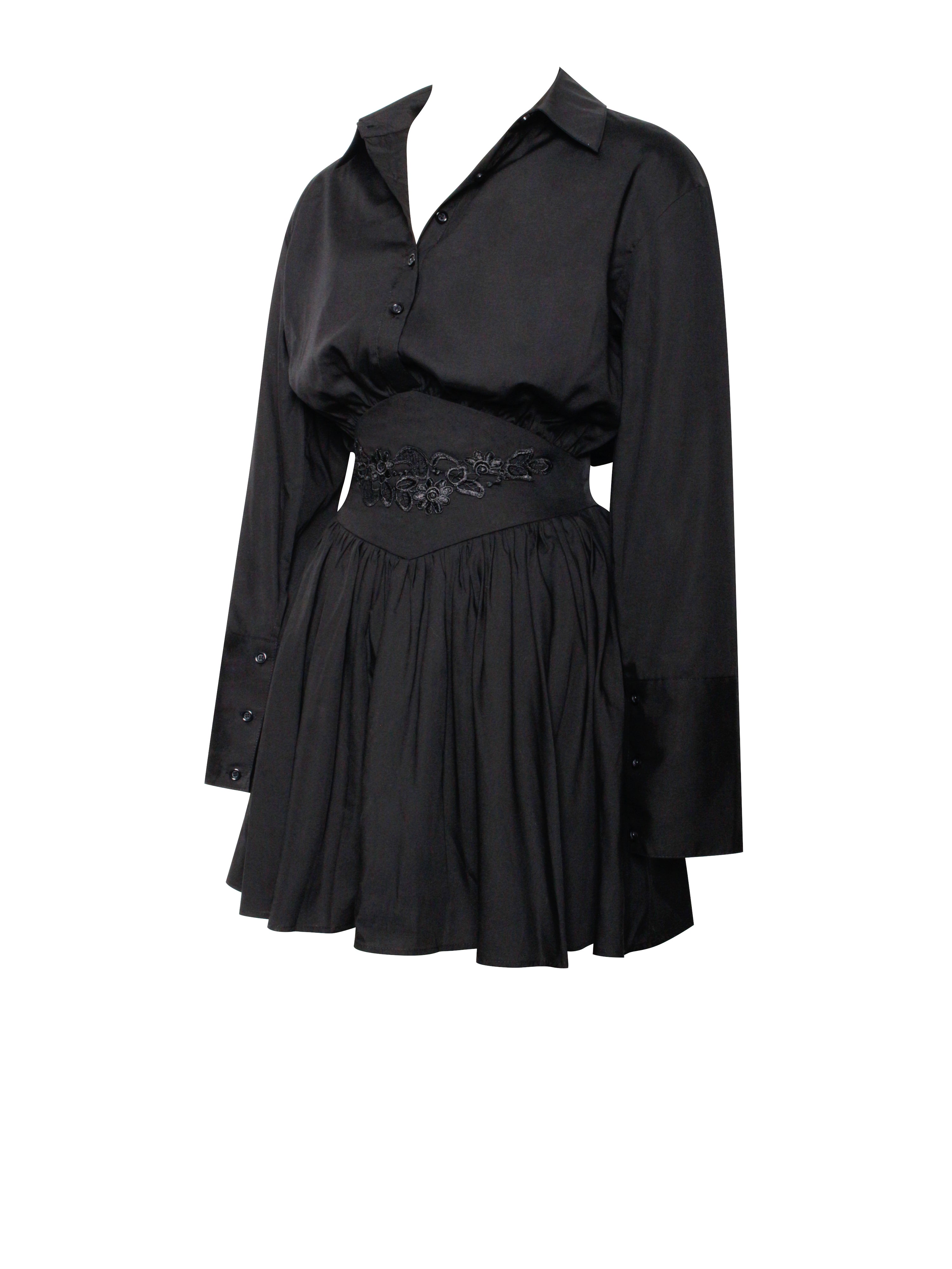 Jamila Black Shirt Mini Dress with Embroidered Waist Detail