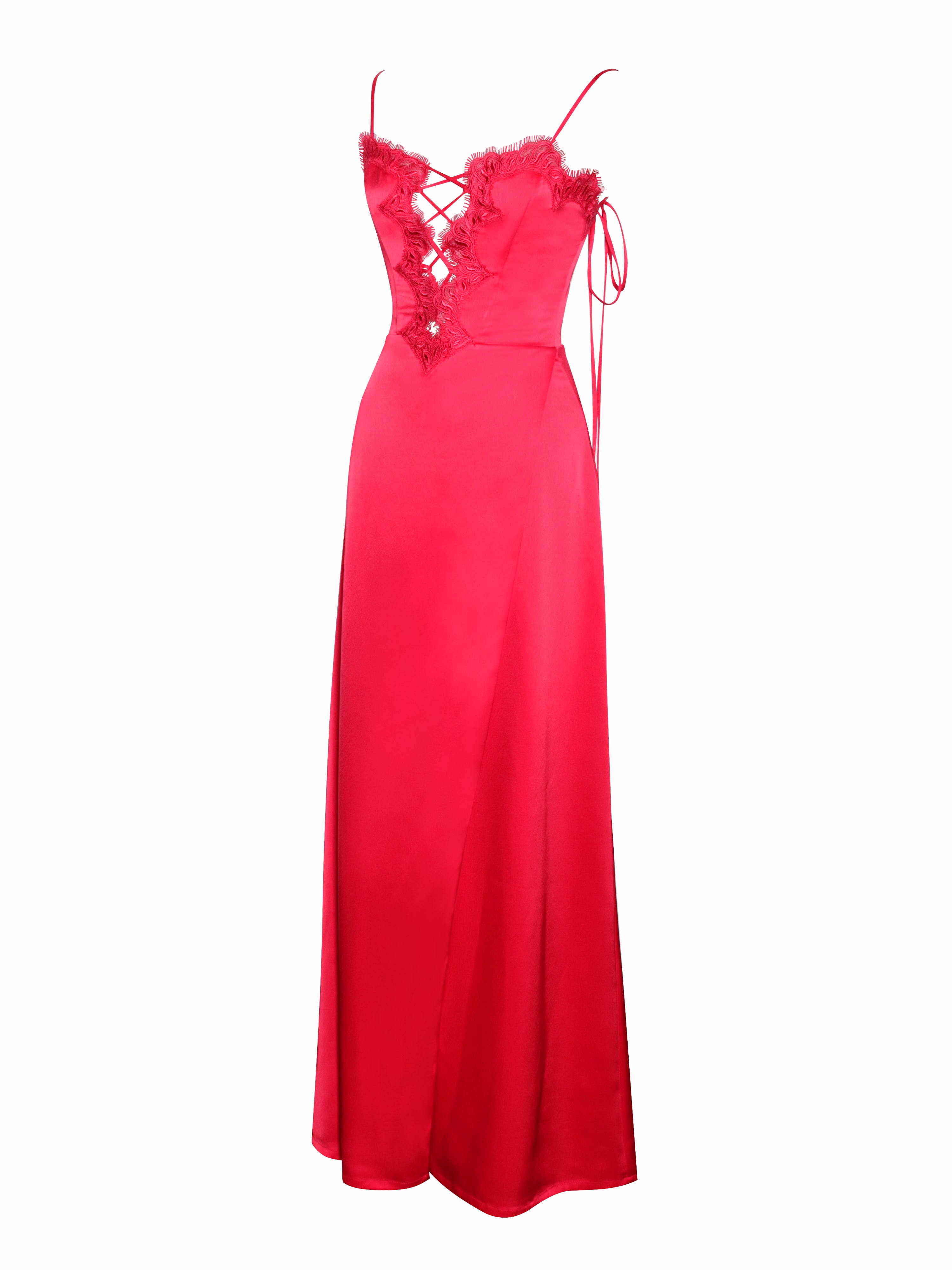 Rabia Red Lace Up High Slit Satin Dress