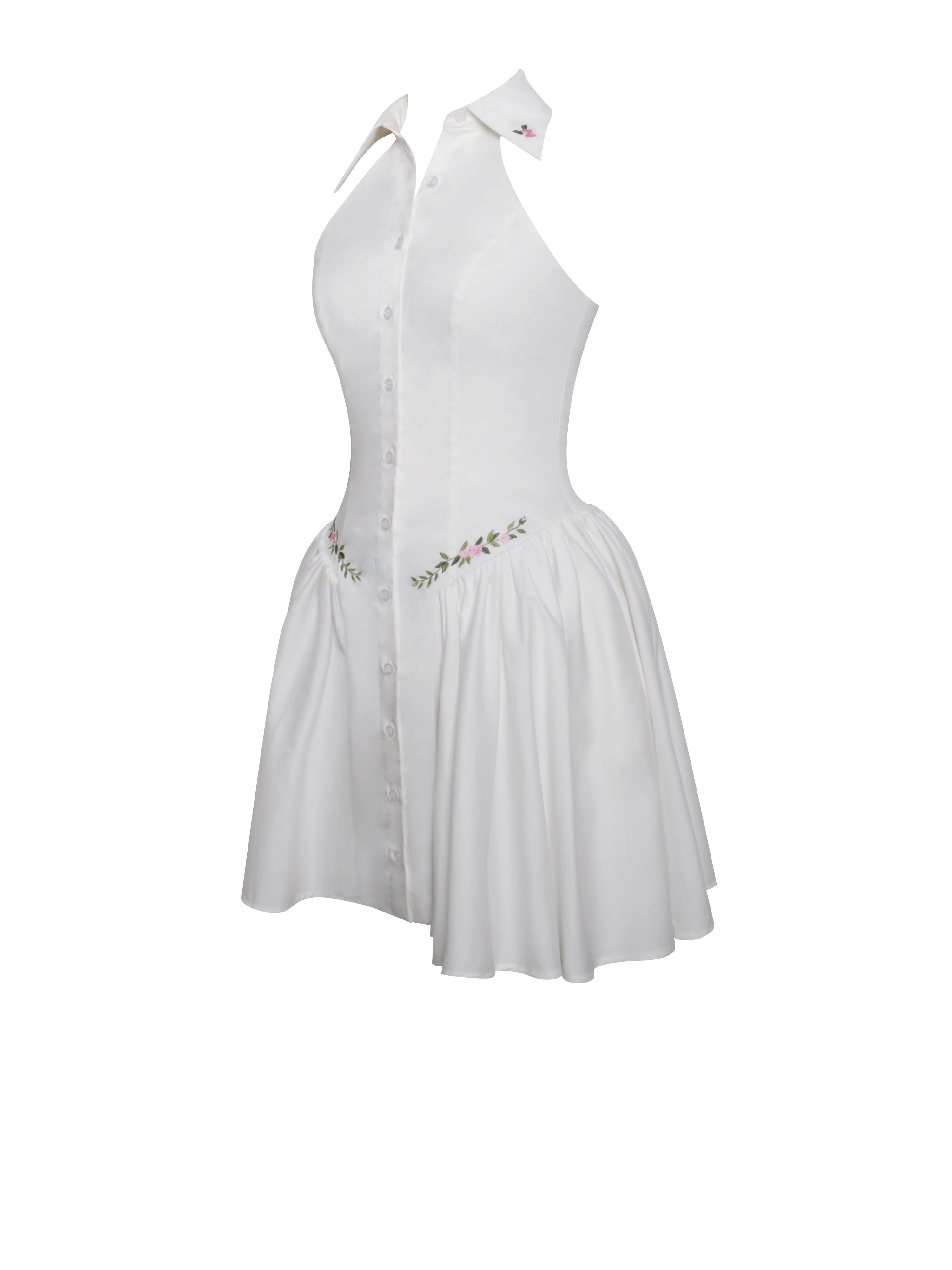 Hailey White Embroidered Collared Halter Drop Waist Mini Dress