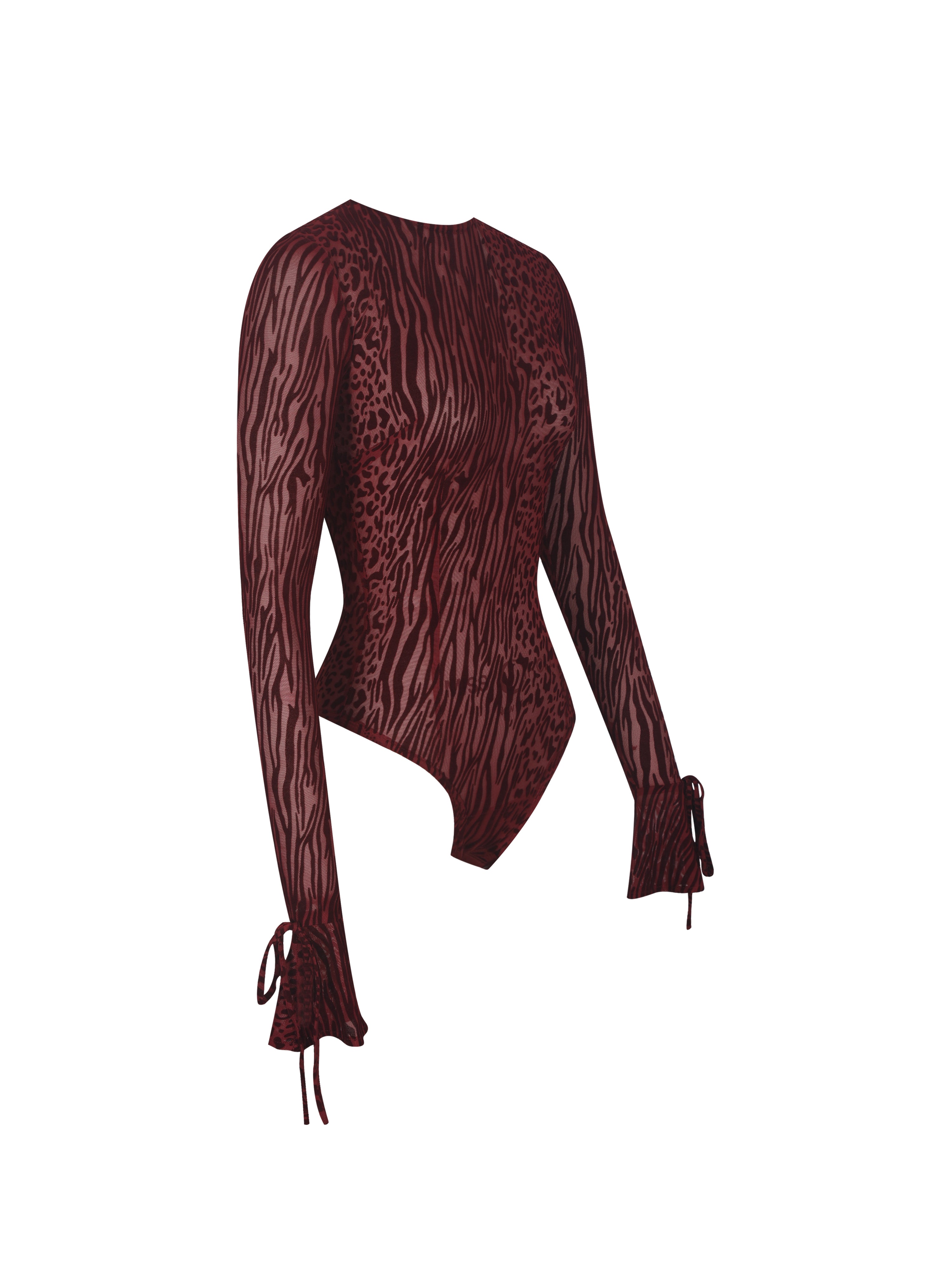 Ibera Burgundy Animal Print Burnout Velvet Long Sleeve Bodysuit