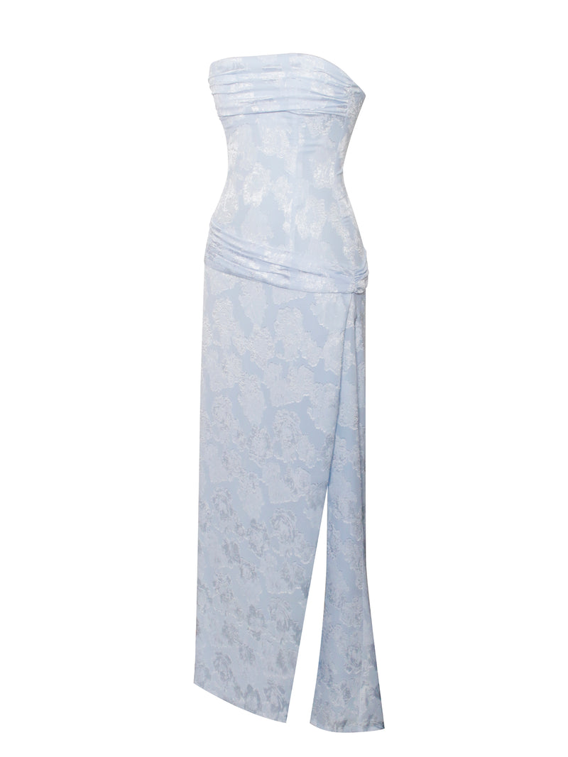 Xatia Baby Blue Jacquard Textured High Slit Maxi Dress