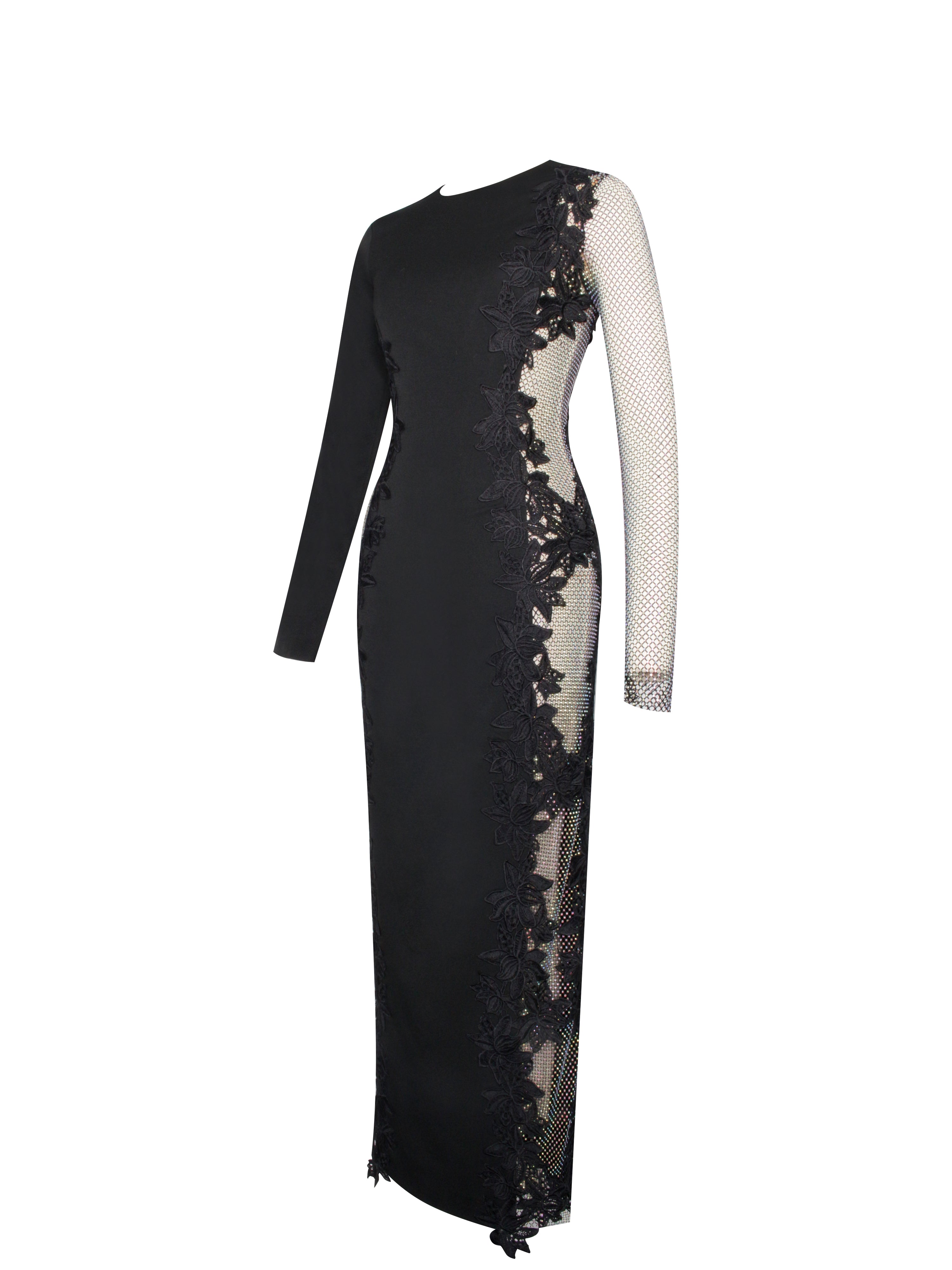 Bailey Lace Trim Crystal Net Cutout Long Sleeve Gown