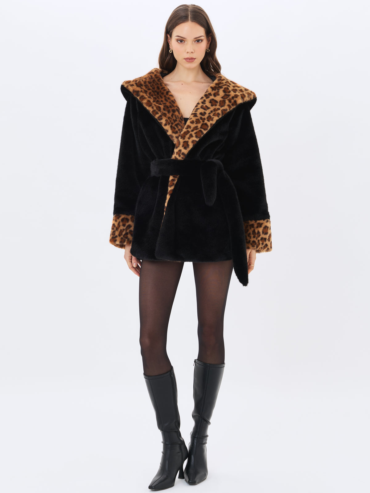 Bianca Black Faux Fur Cheetah Print Oversized Hood Mini Coat