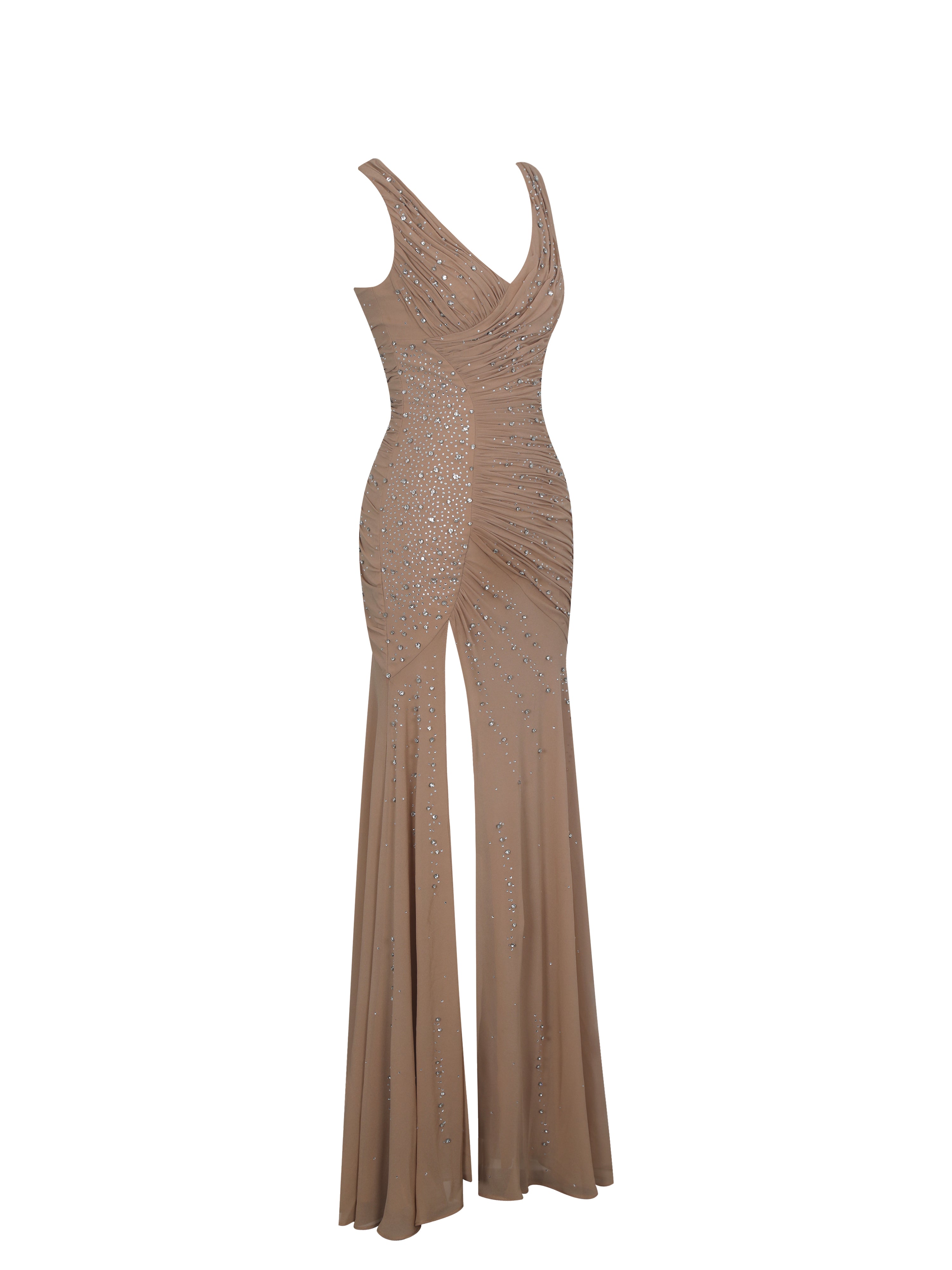 Viveca Apricot Crystal-Embellished Asymmetrical Ruched Maxi Dress