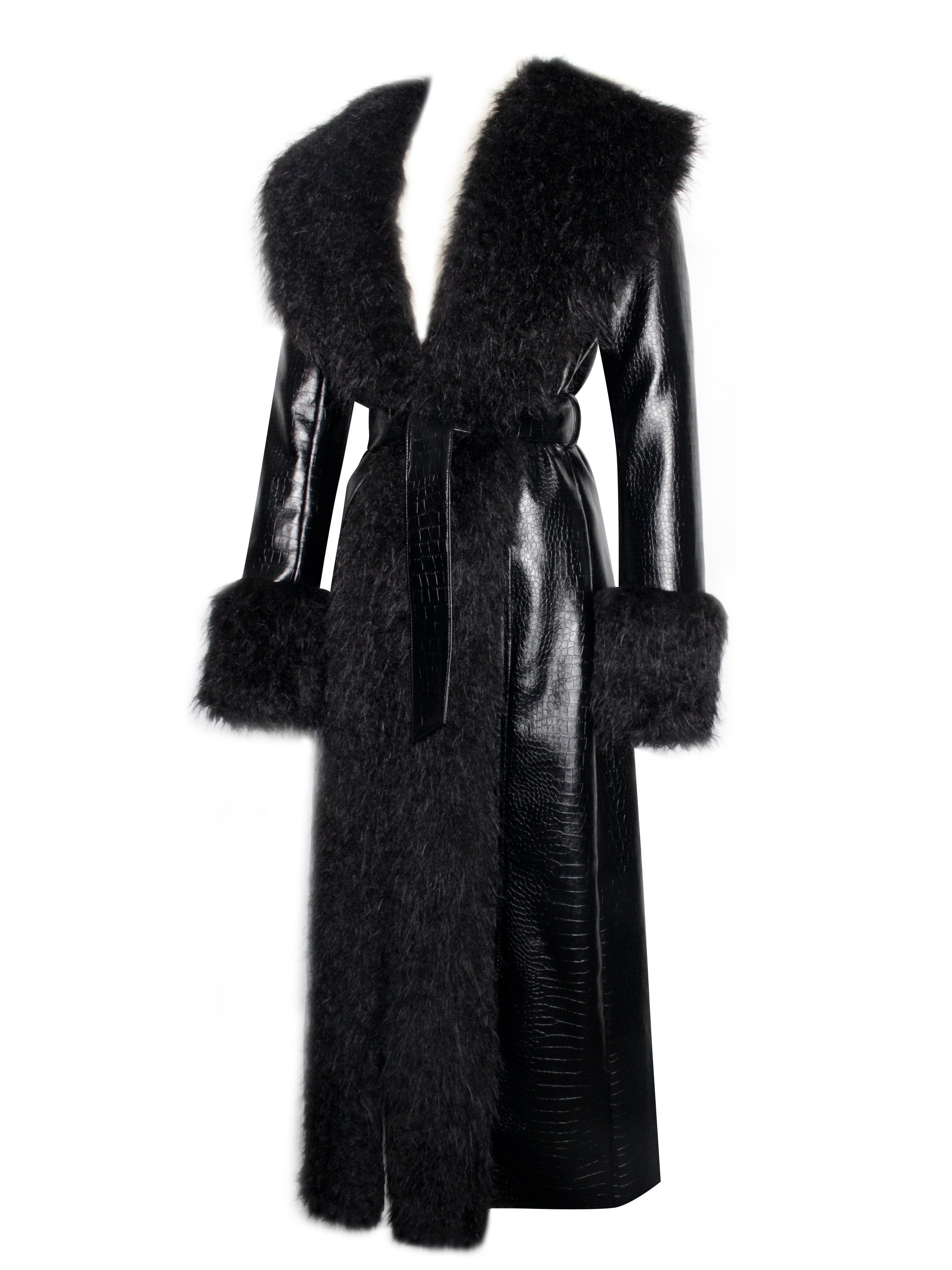 Zella Black Fur Trim Vegan Croc Leather Coat