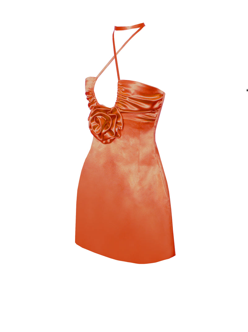 Marcia Orange Satin Strappy Halter Neck Dress