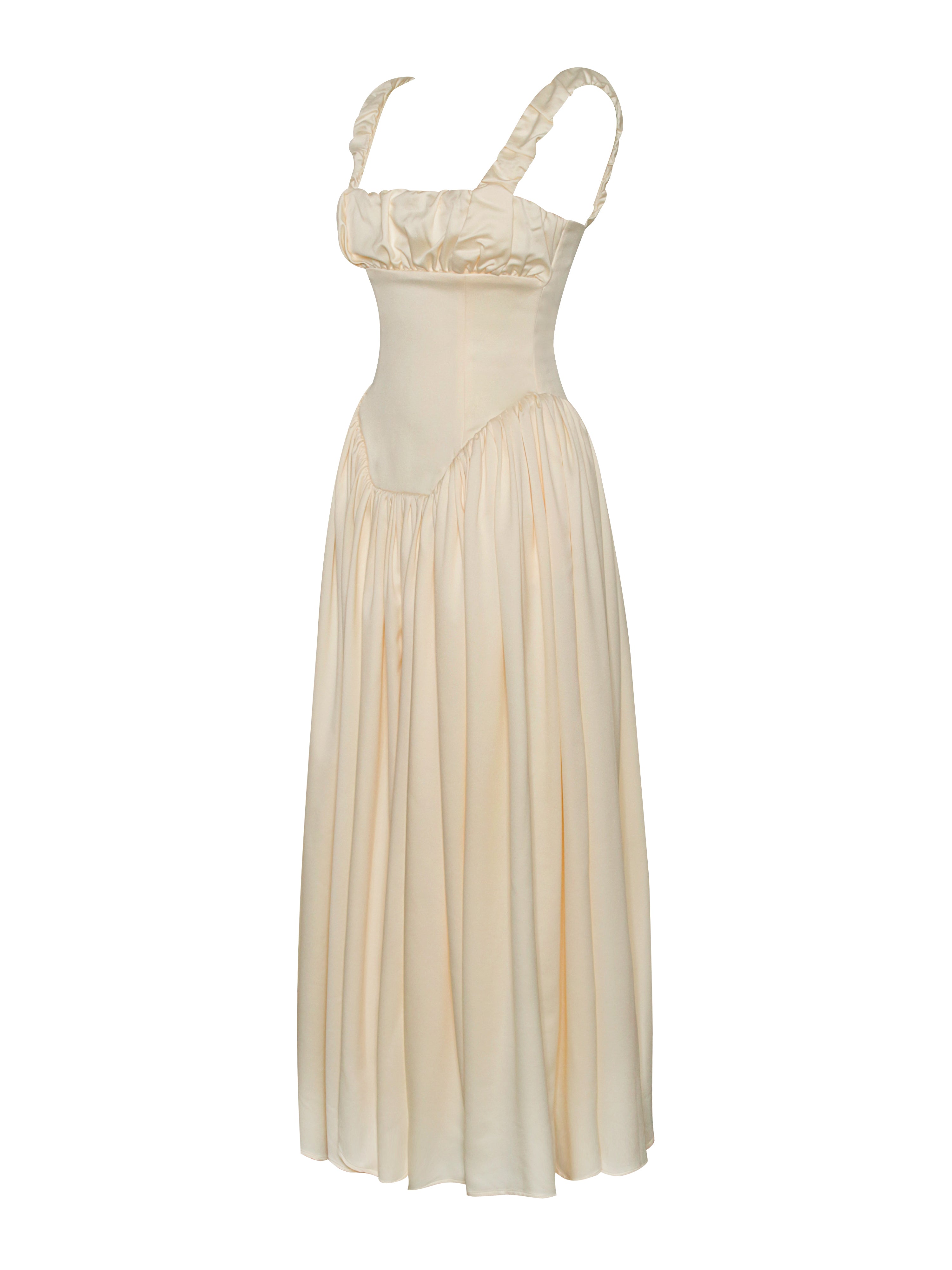 Noreen Egg White Satin Drop Waist Maxi Sundress