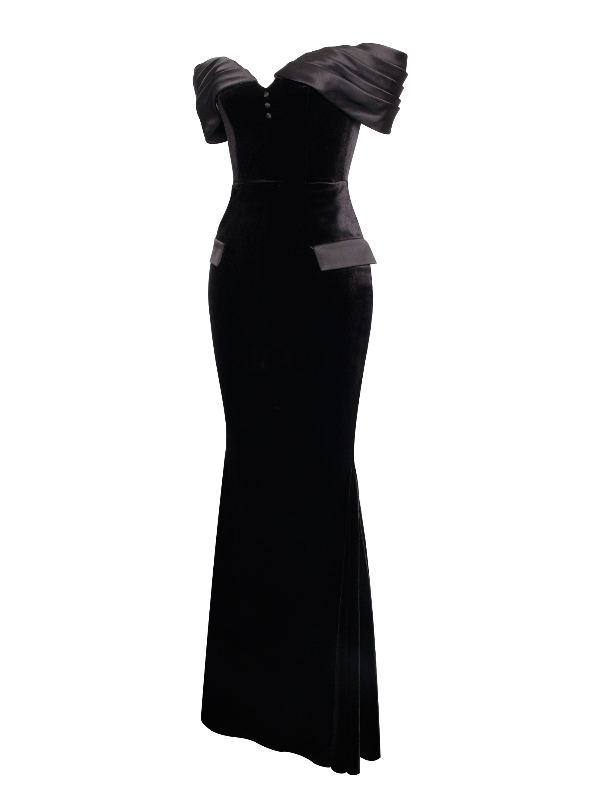 Qamra Black Velvet Off Shoulder Mermaid Maxi Dress