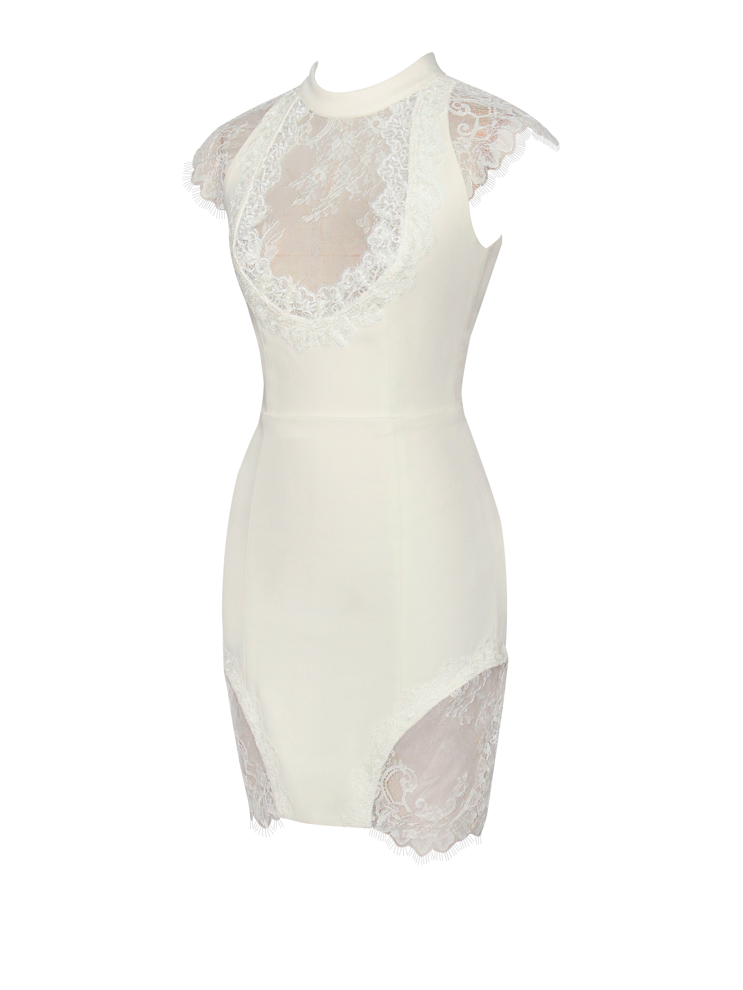 Quinella White Lace Crepe Backless Mini Dress L / US 10-12 Quinella White Lace Crepe Backless Mini Dress L / US 10-12