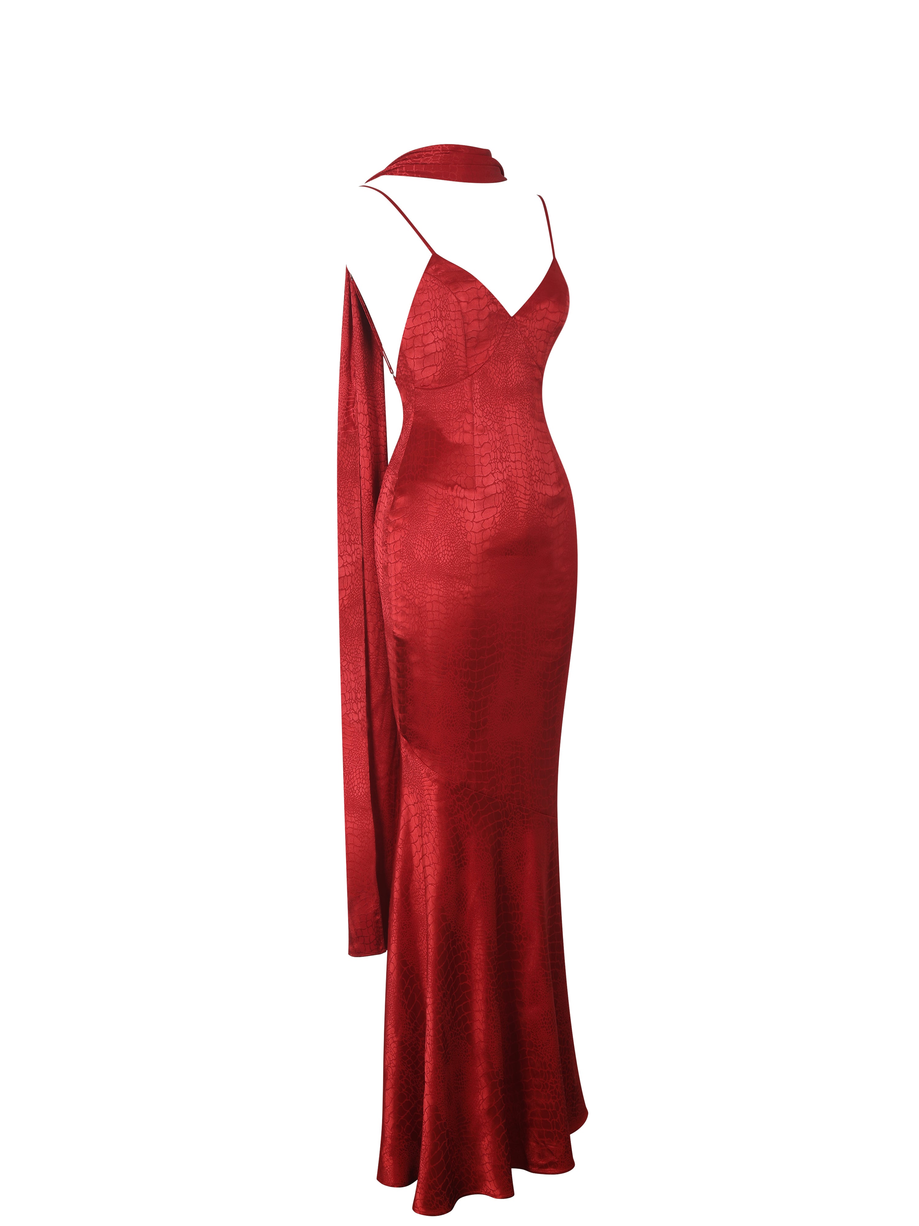Kelsey Scarlet Croc-Embossed Flared Hem Maxi Dress with Scarf