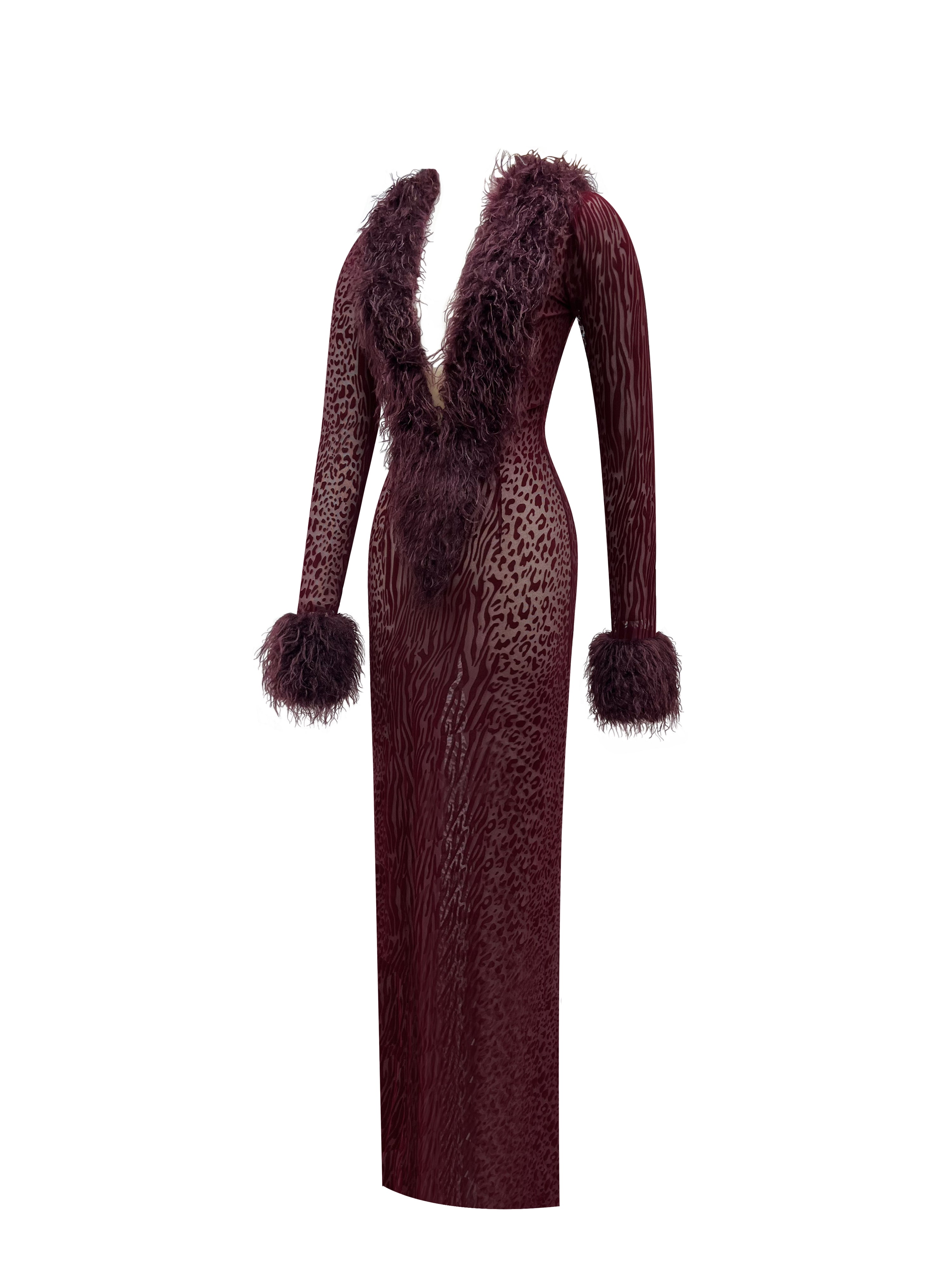 Luana Burgundy Plunging Fur Trimmed Crochet Maxi Dress