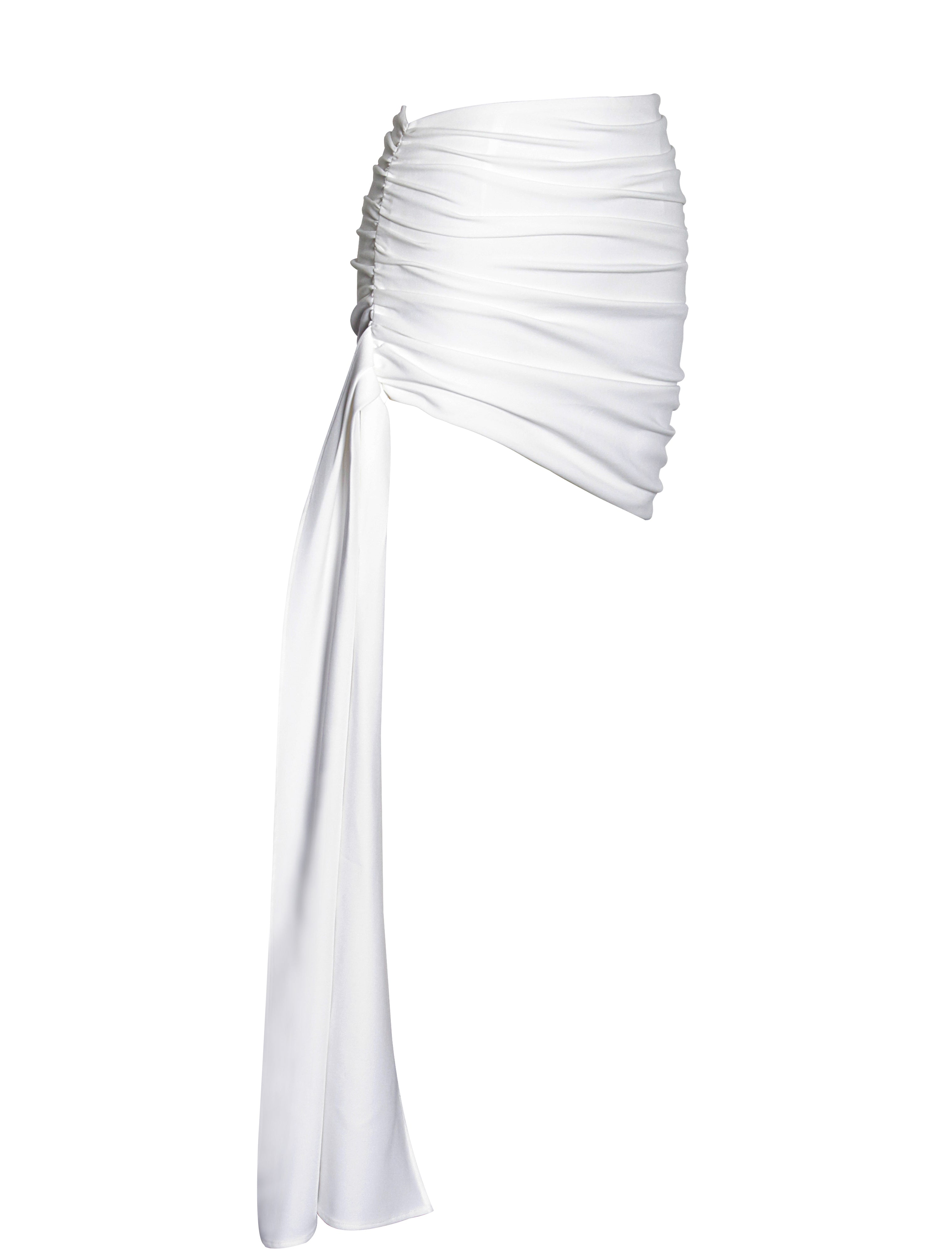 Yanina White Ruched Drapping Mini Skirt