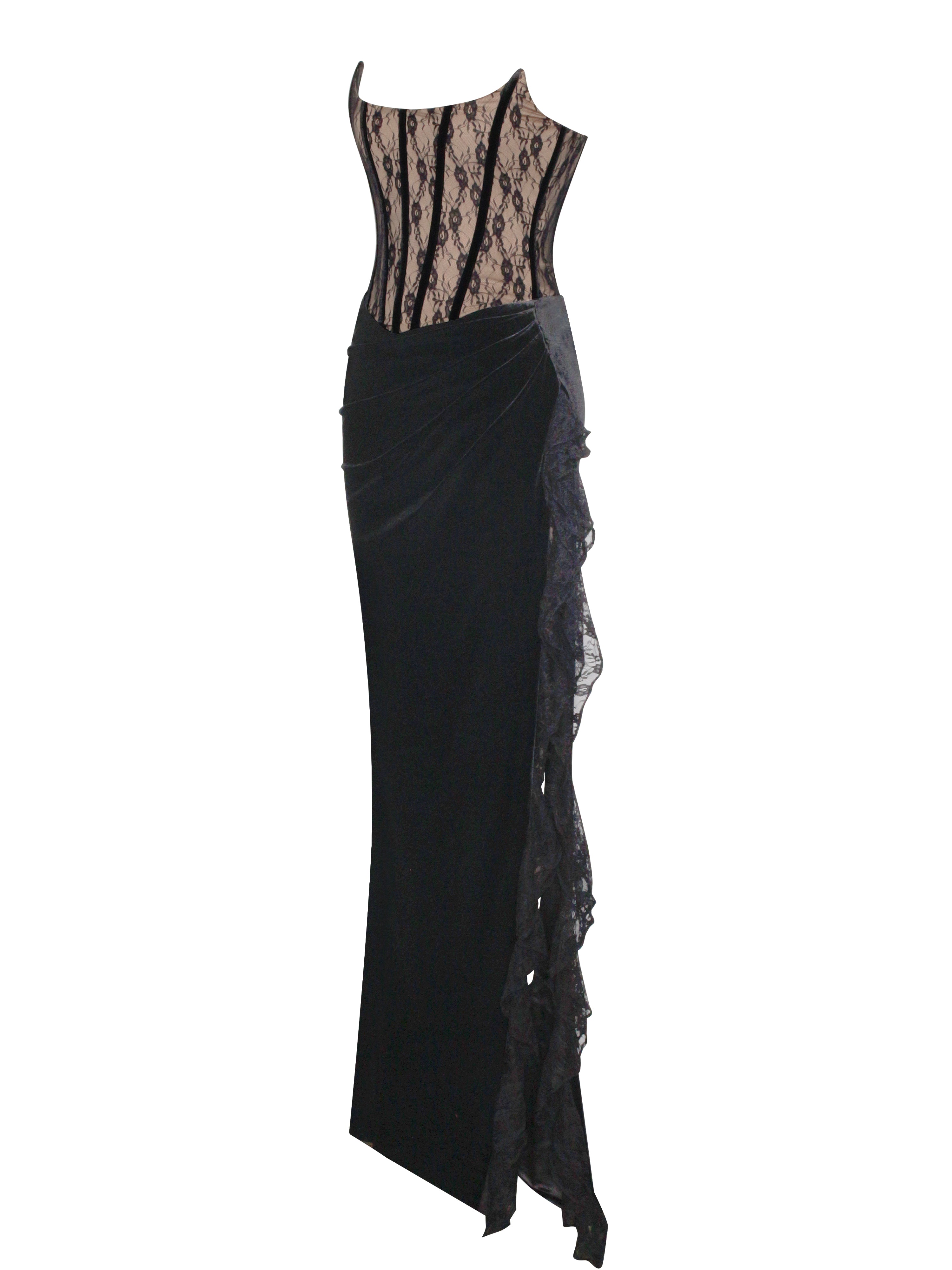 Gaia Black Lace Velvet Corset Side Slit Dress