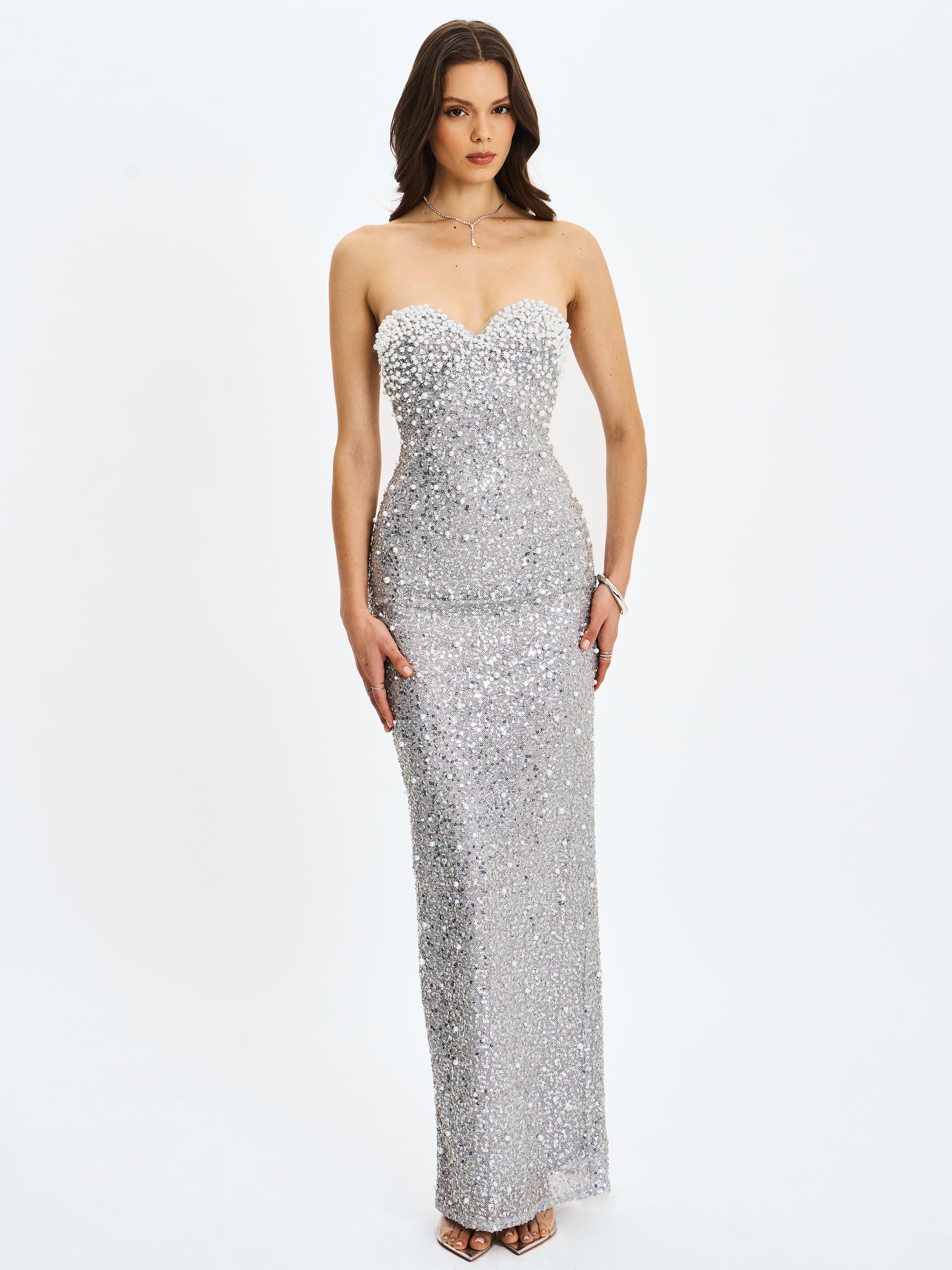 Noelle Silver Sequin Pearl-Embellished Sweetheart Maxi Dress