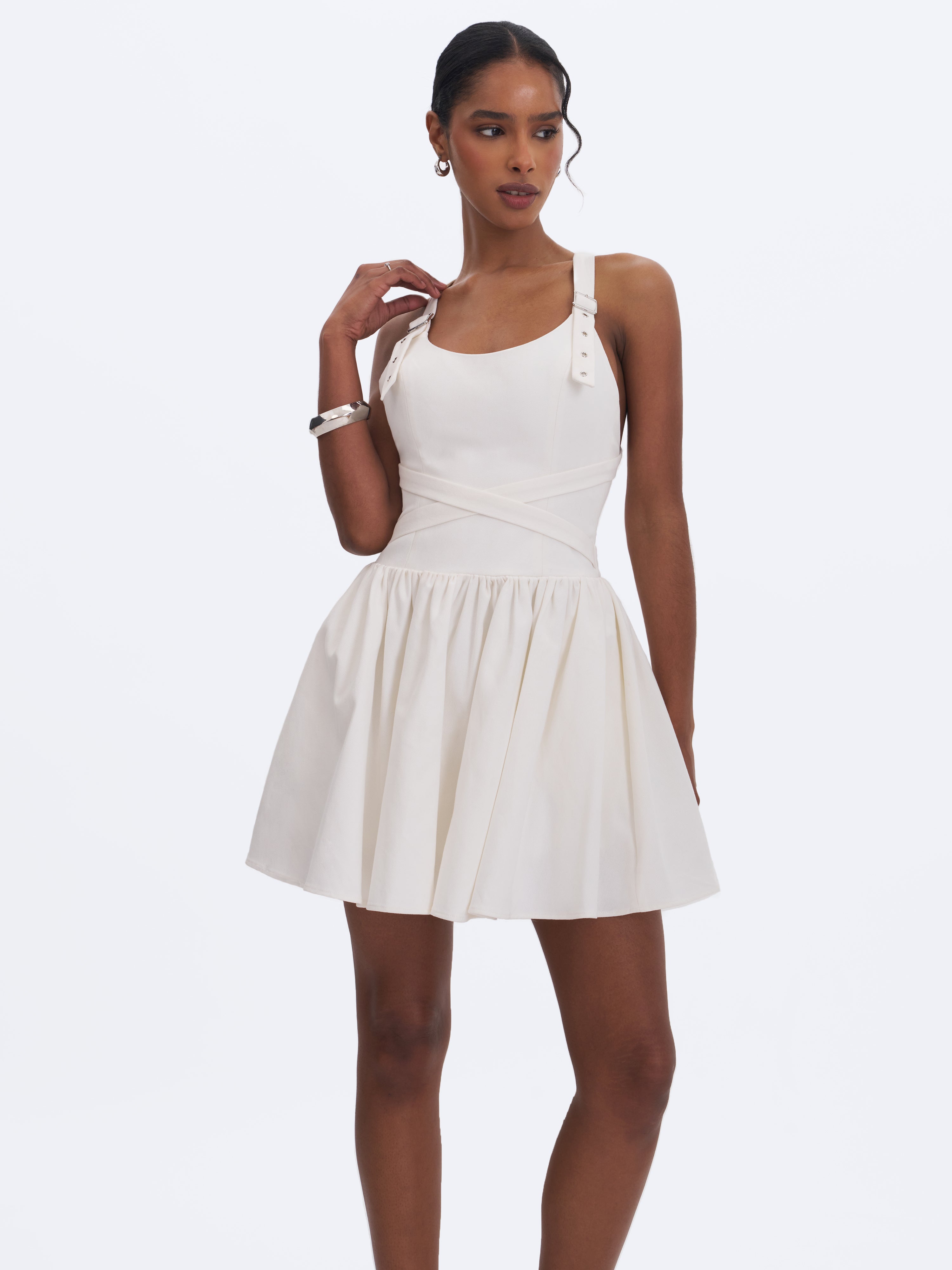Francine White Cotton Denim Crossover Strap Mini Dress