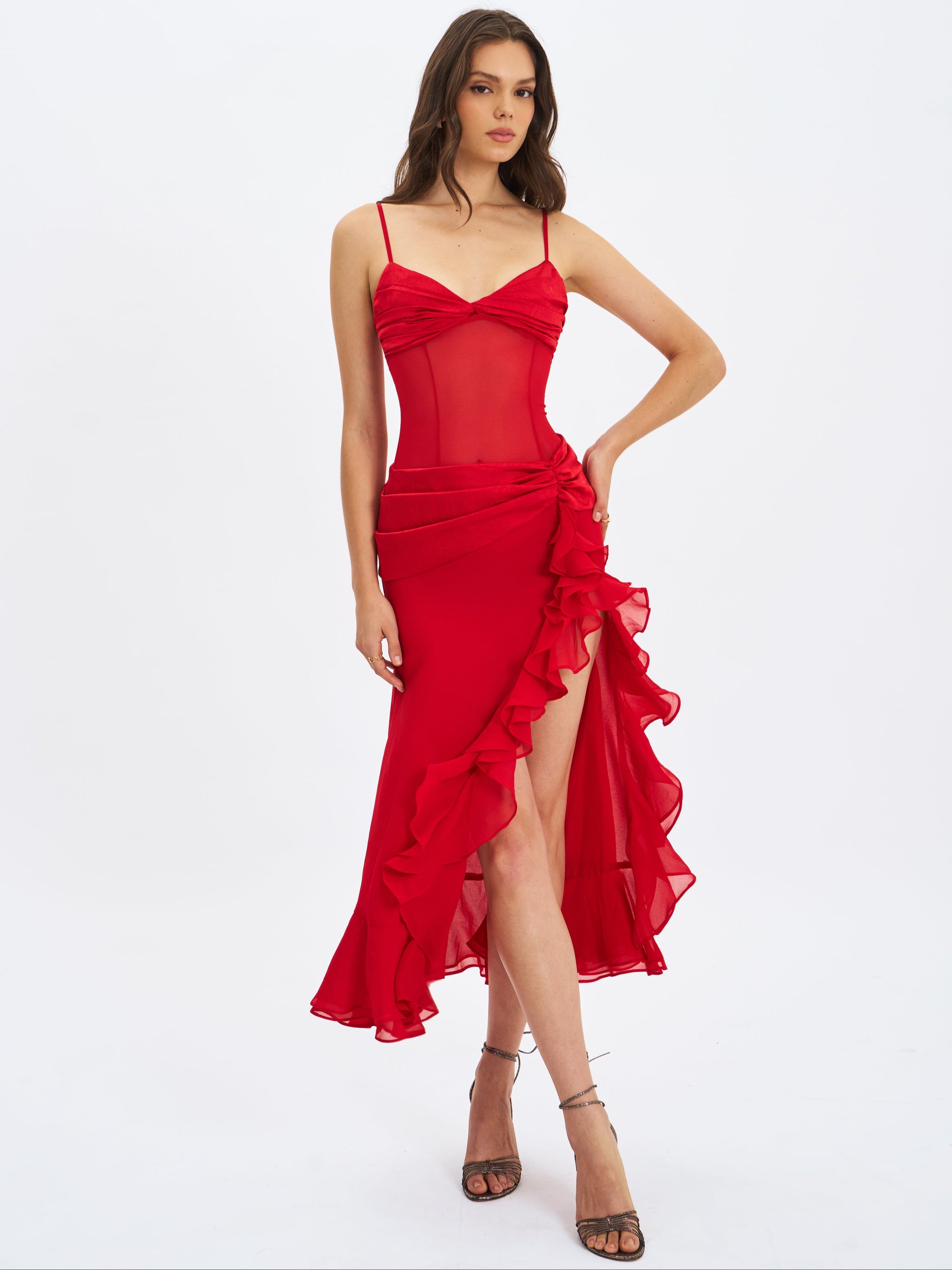 Full-Length Dress with Ruched Waist and Skirt Slit Ink Blue