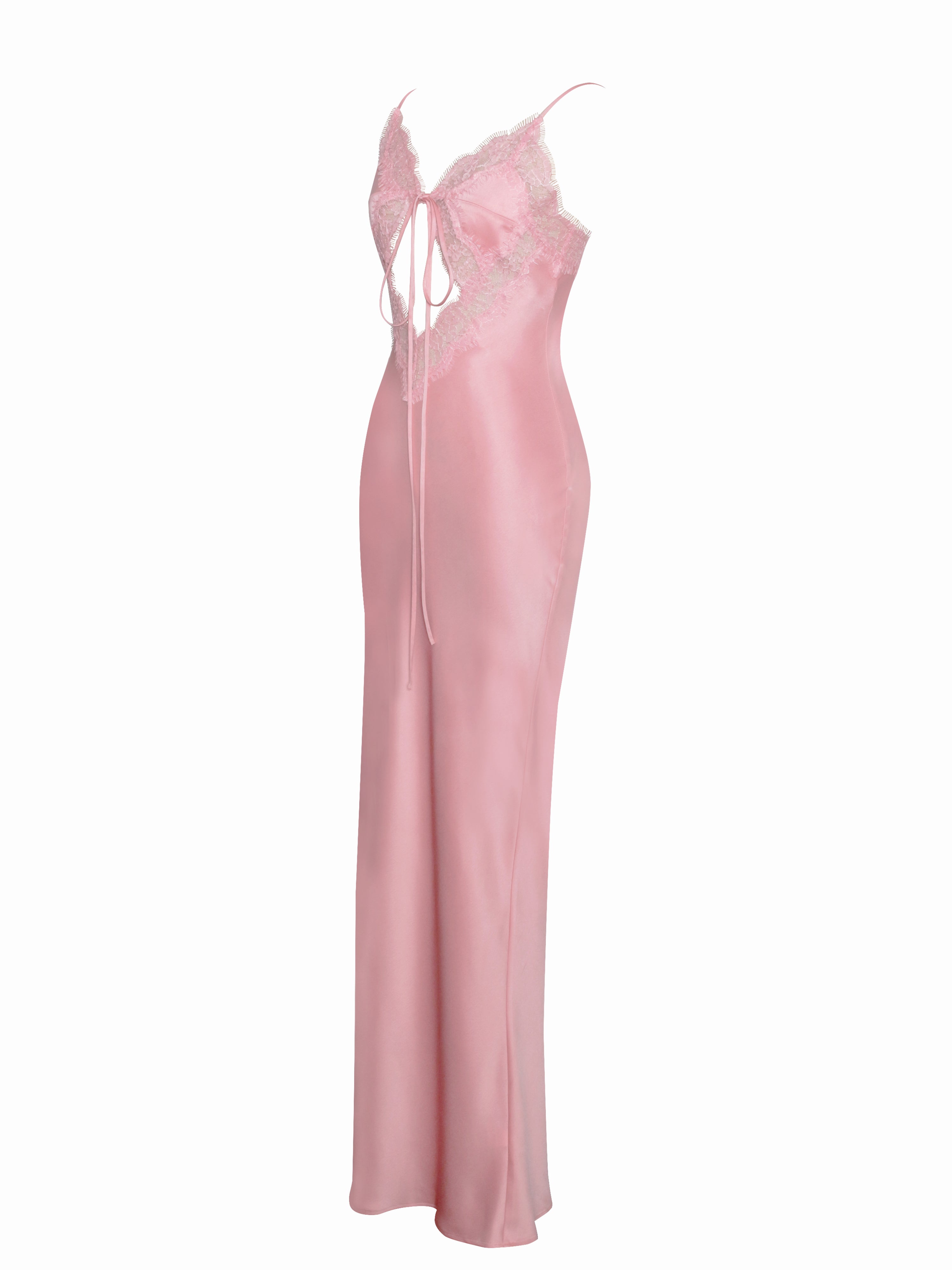 Zinnia Salmon Pink Satin Lace Maxi Dress