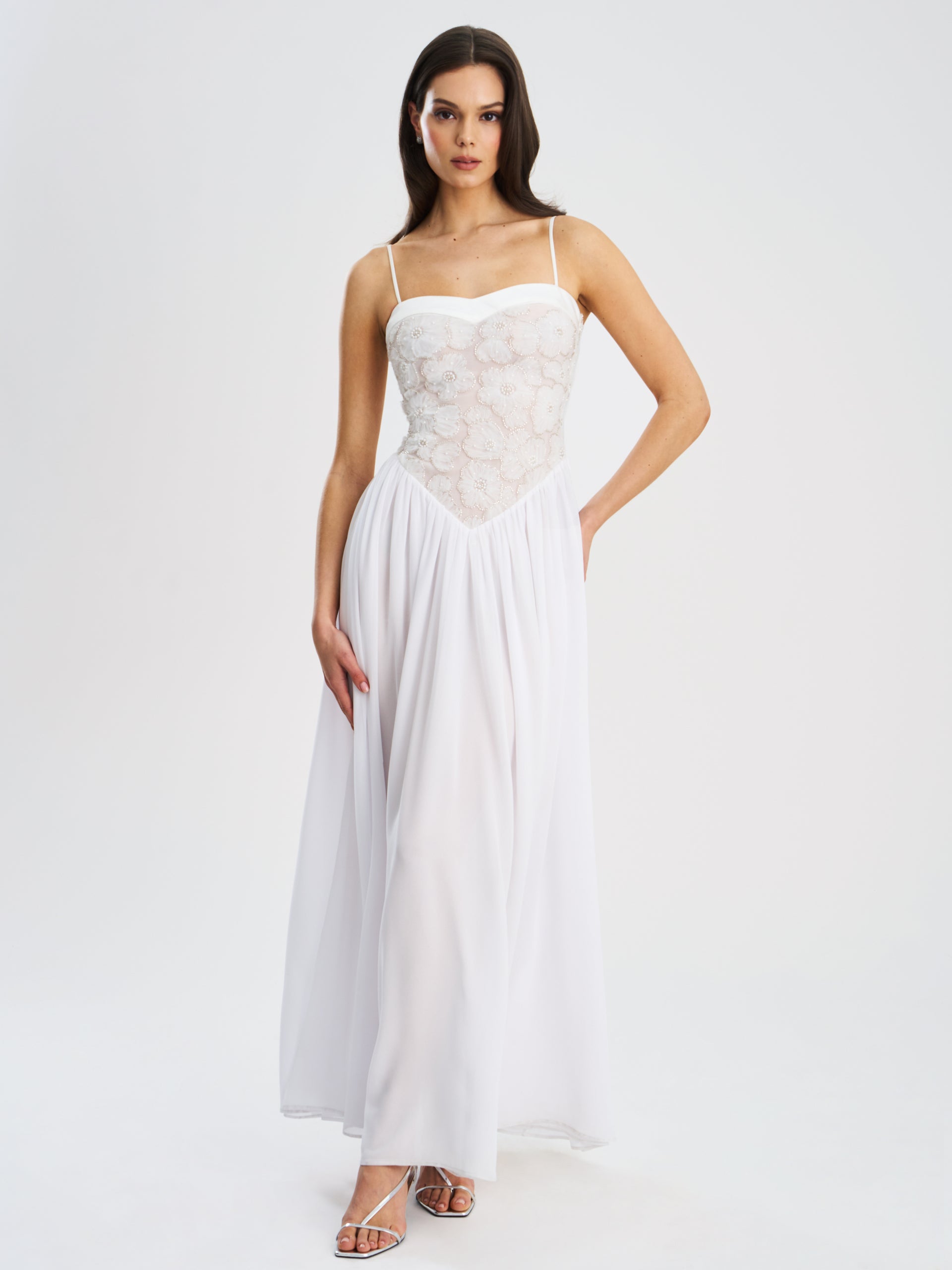 white chiffon maxi dress Ucille White Embroidered Chiffon Maxi Dress (Archive Sale)