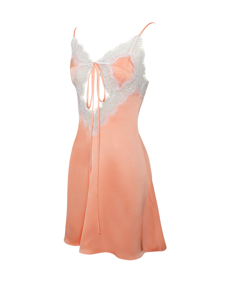 Thea Coral Satin Lace Trim Mini Dress