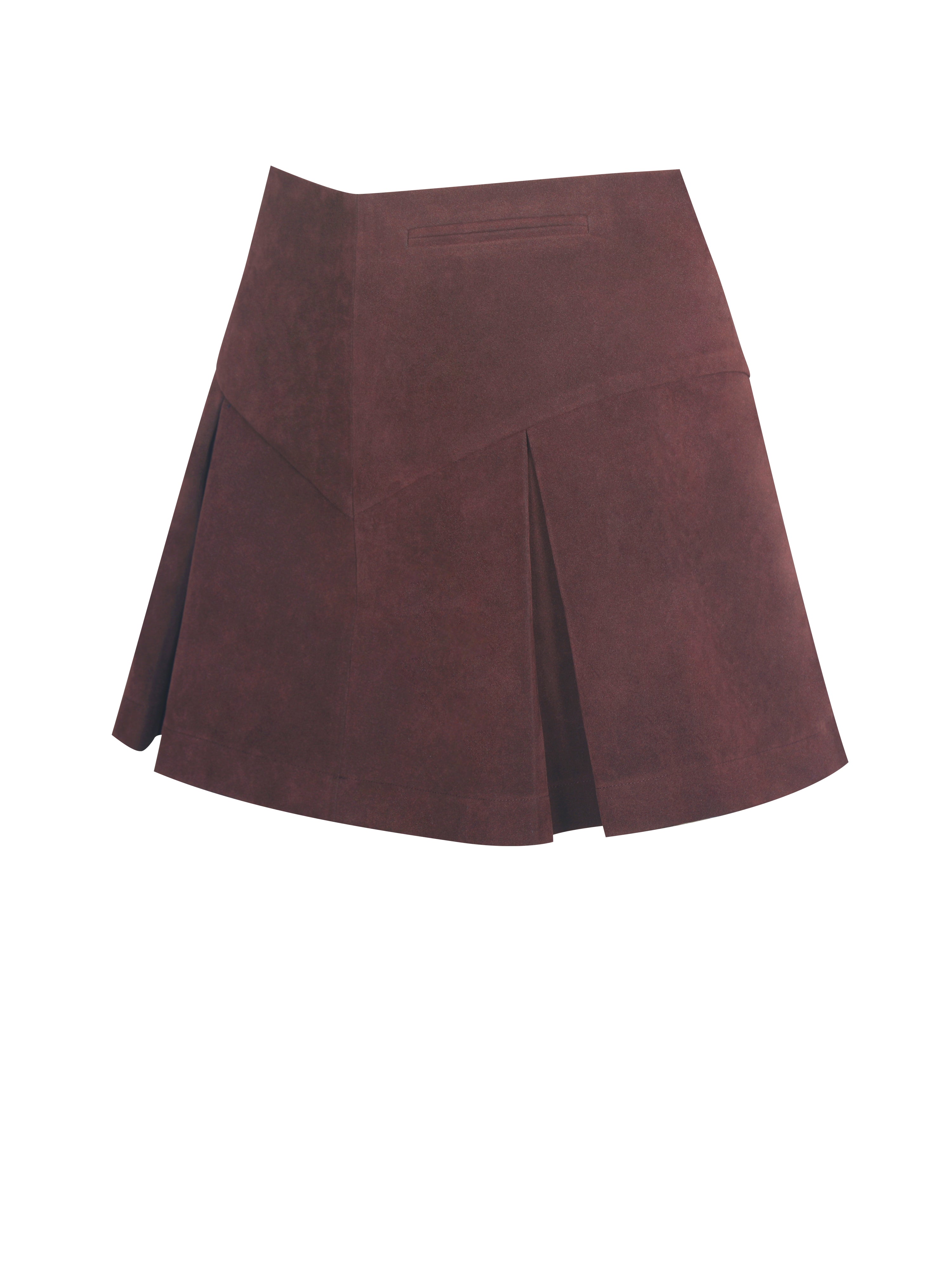 Faryn Mahogany Vegan Suede Pleated A-Line Mini Skirt
