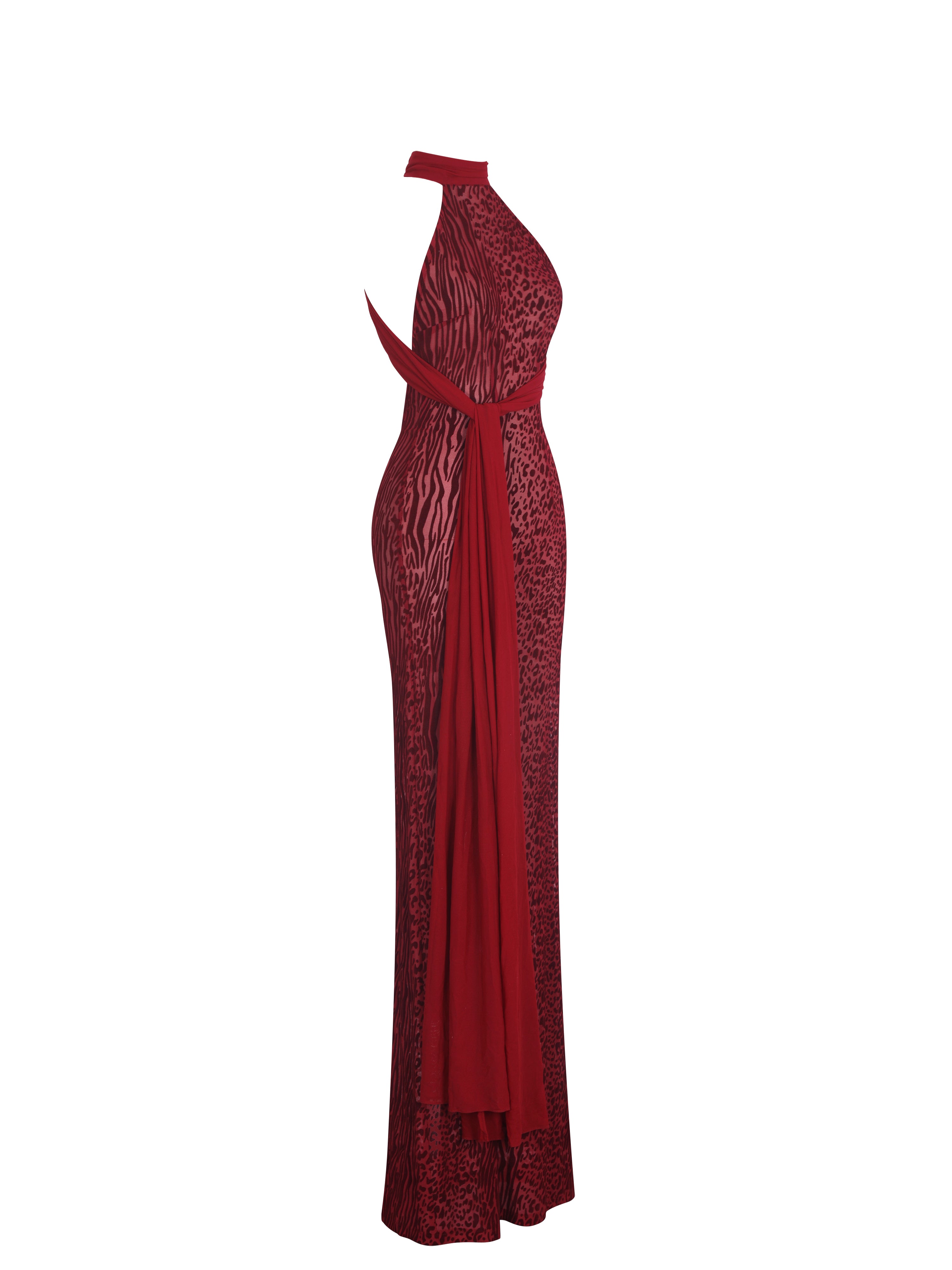 Cerise Scarlet Burnout Velvet Multiwear Mesh Ribbon Maxi Dress
