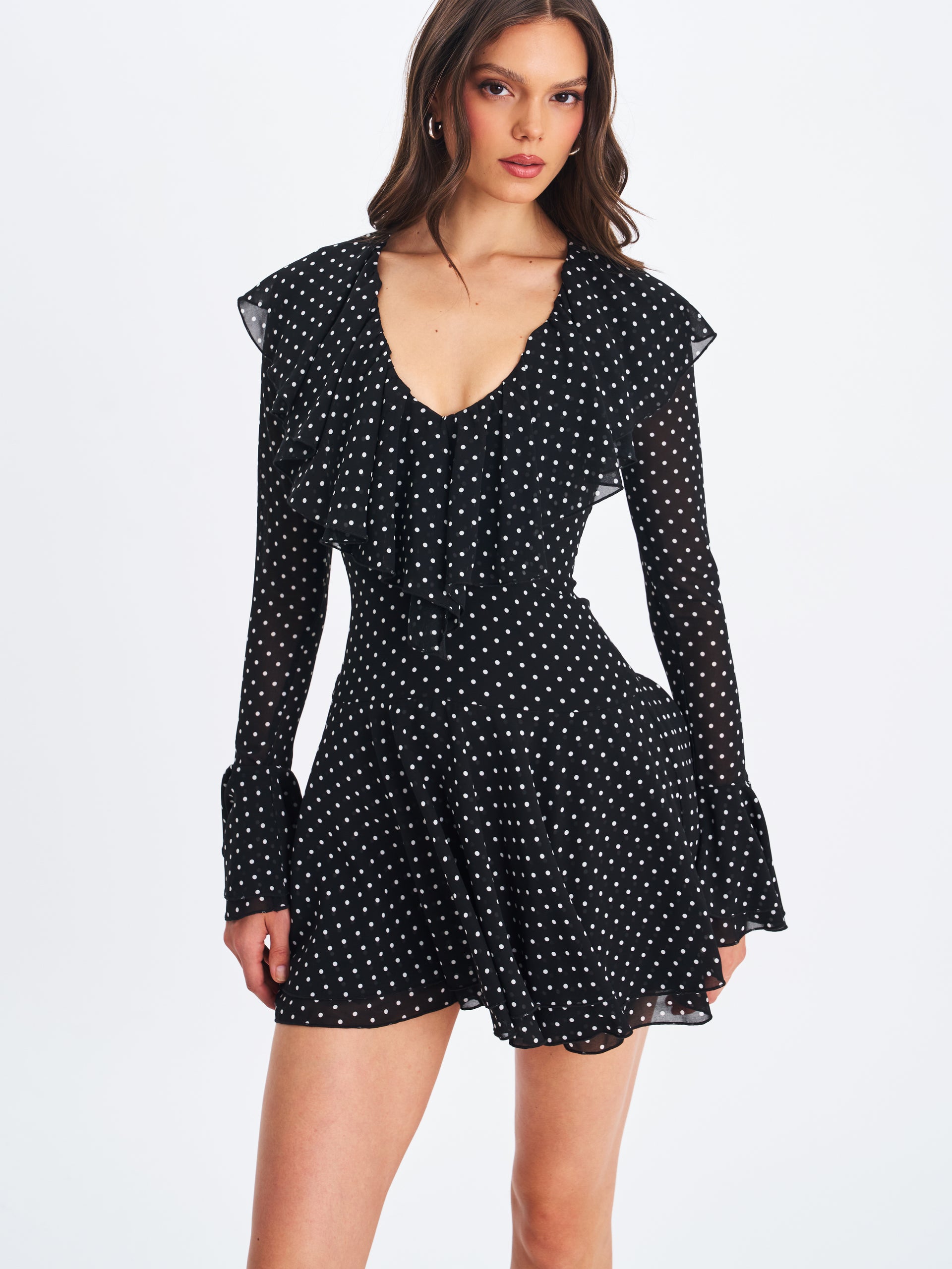 Miss Circle Women Omari Black Chiffon Polka Dot Ruffled Neckline Mini Dress