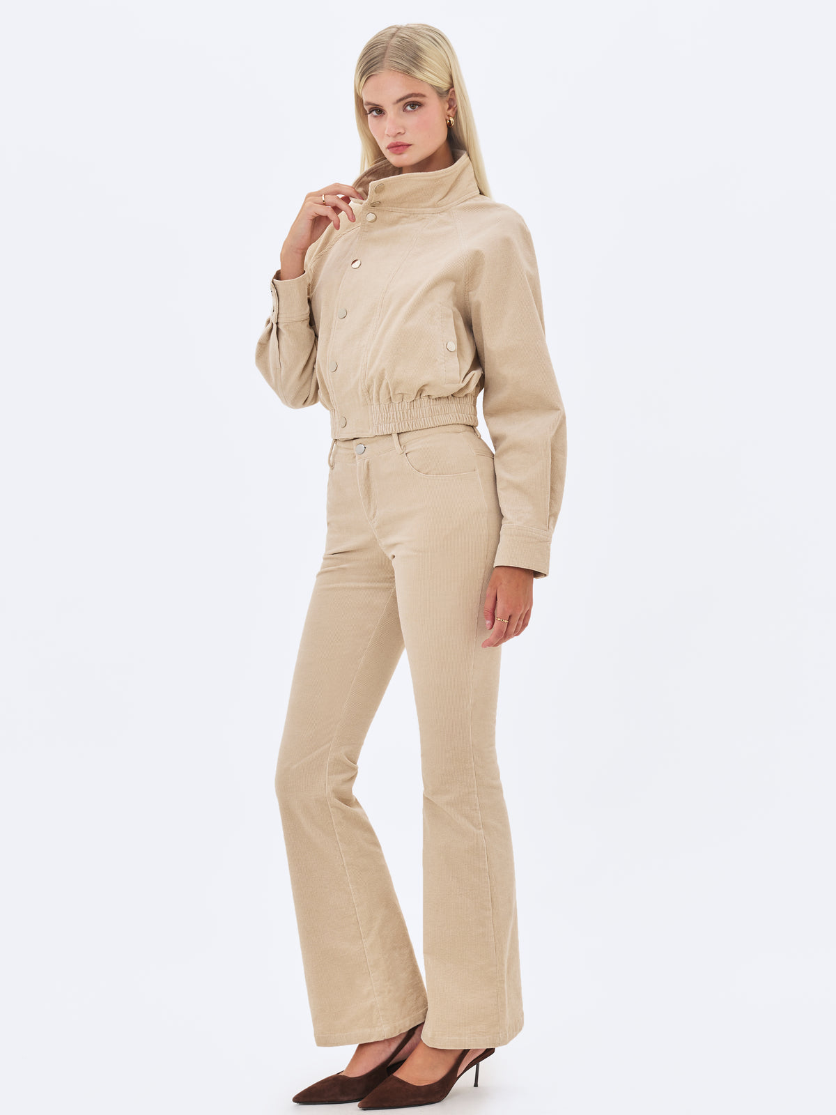 Romilly Beige Cotton Corduroy Funnel Collar Jacket