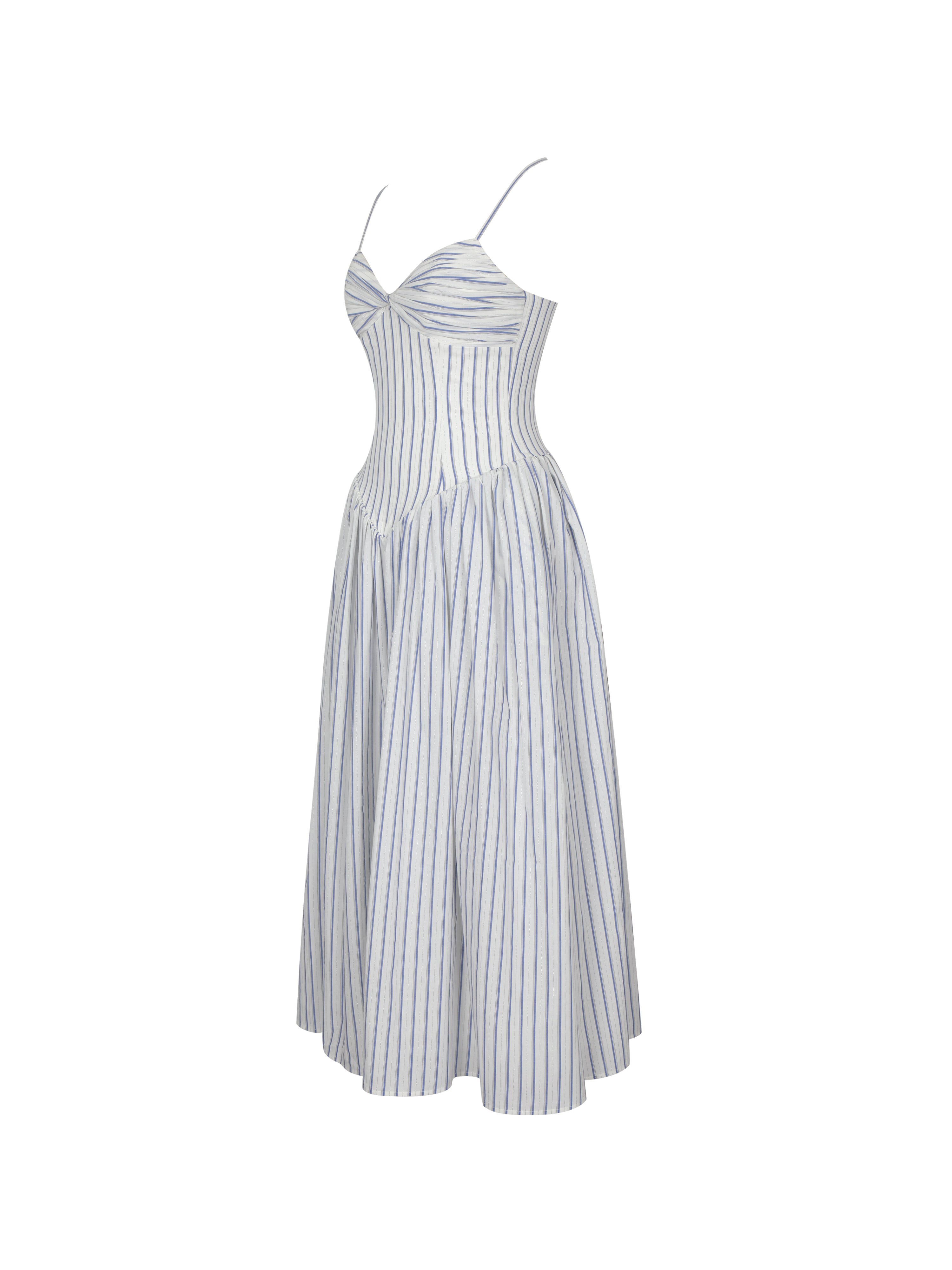 Olea Sky Blue Striped Cotton Poplin Ruched Midi Dress