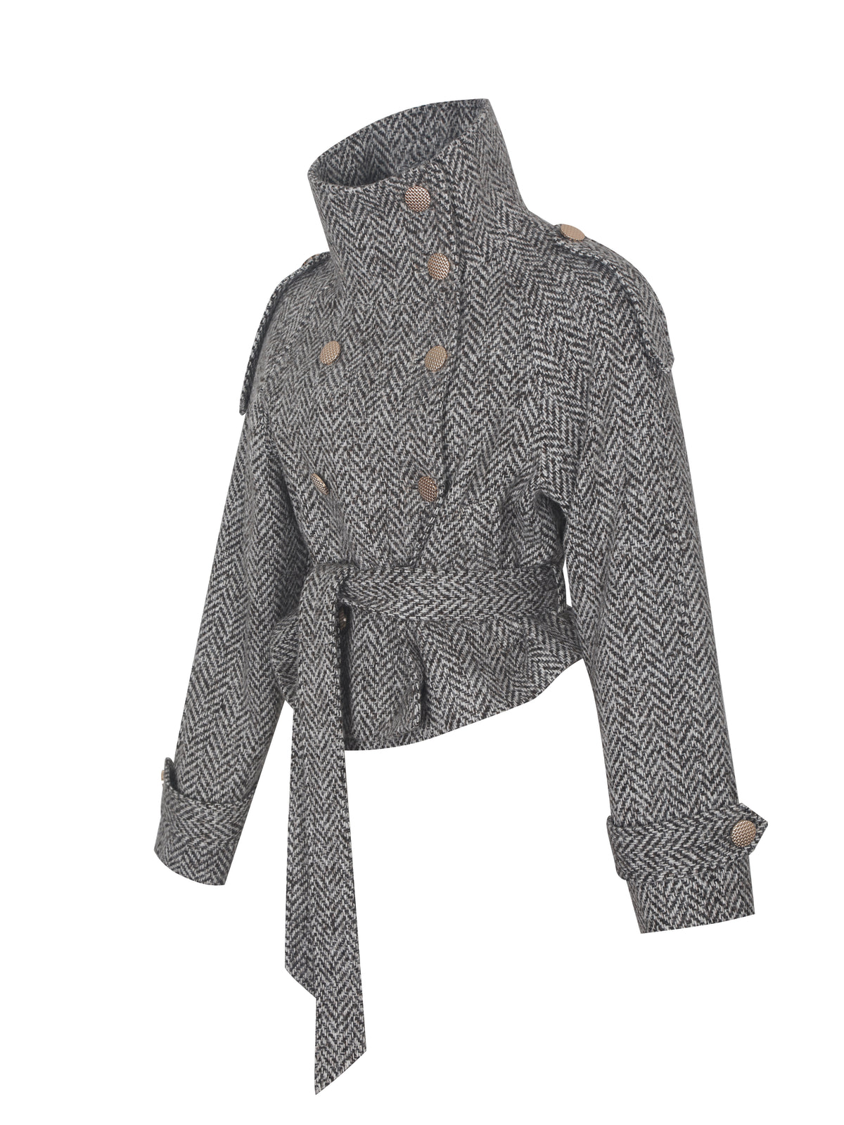 Sadie Brown & White Herringbone High Collar Belted Mini Jacket