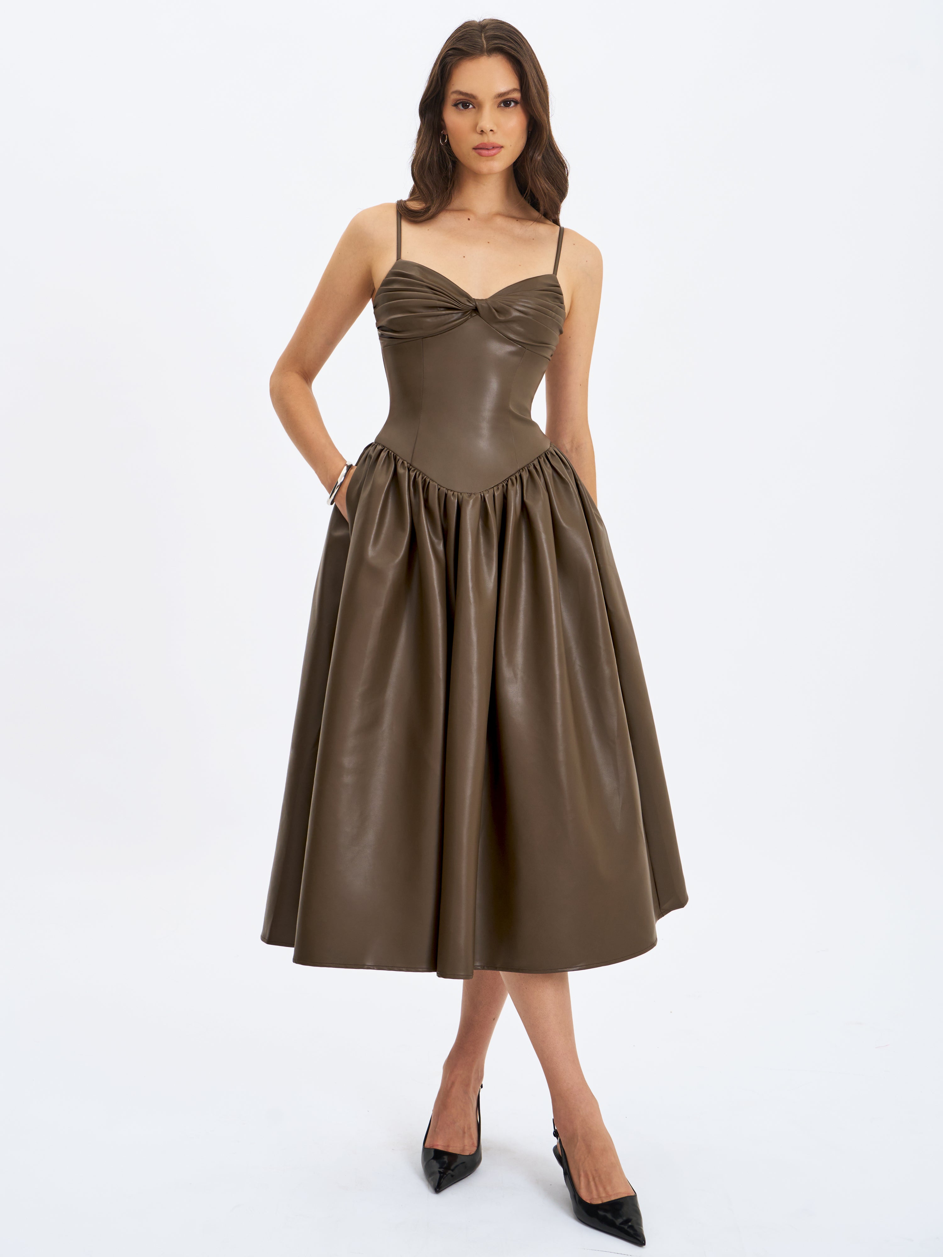 Parisia Cocoa Vegan Leather Drop Waist Maxi Dress