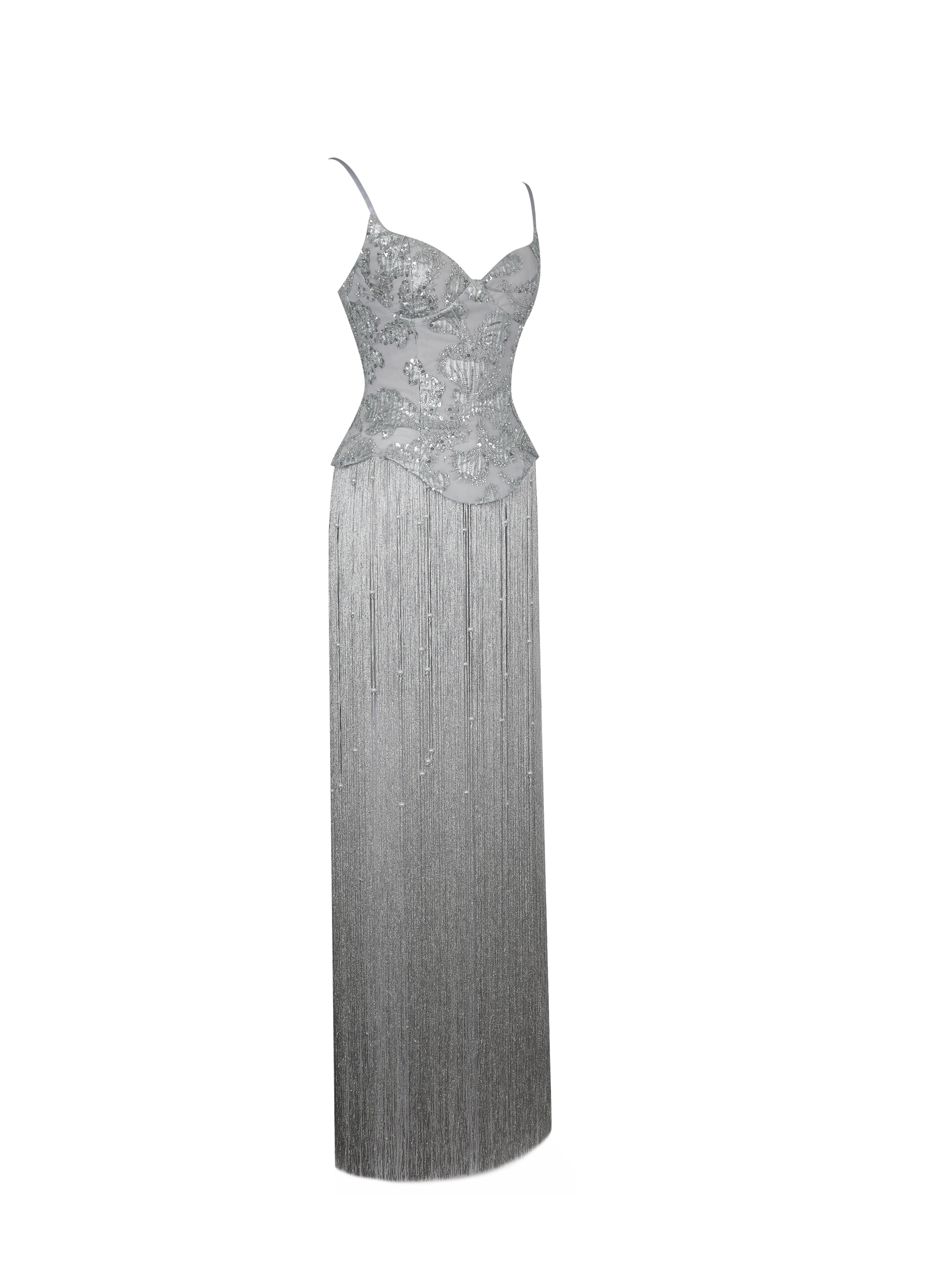 Olisa Silver Beaded Peplum Tassel Maxi Dress