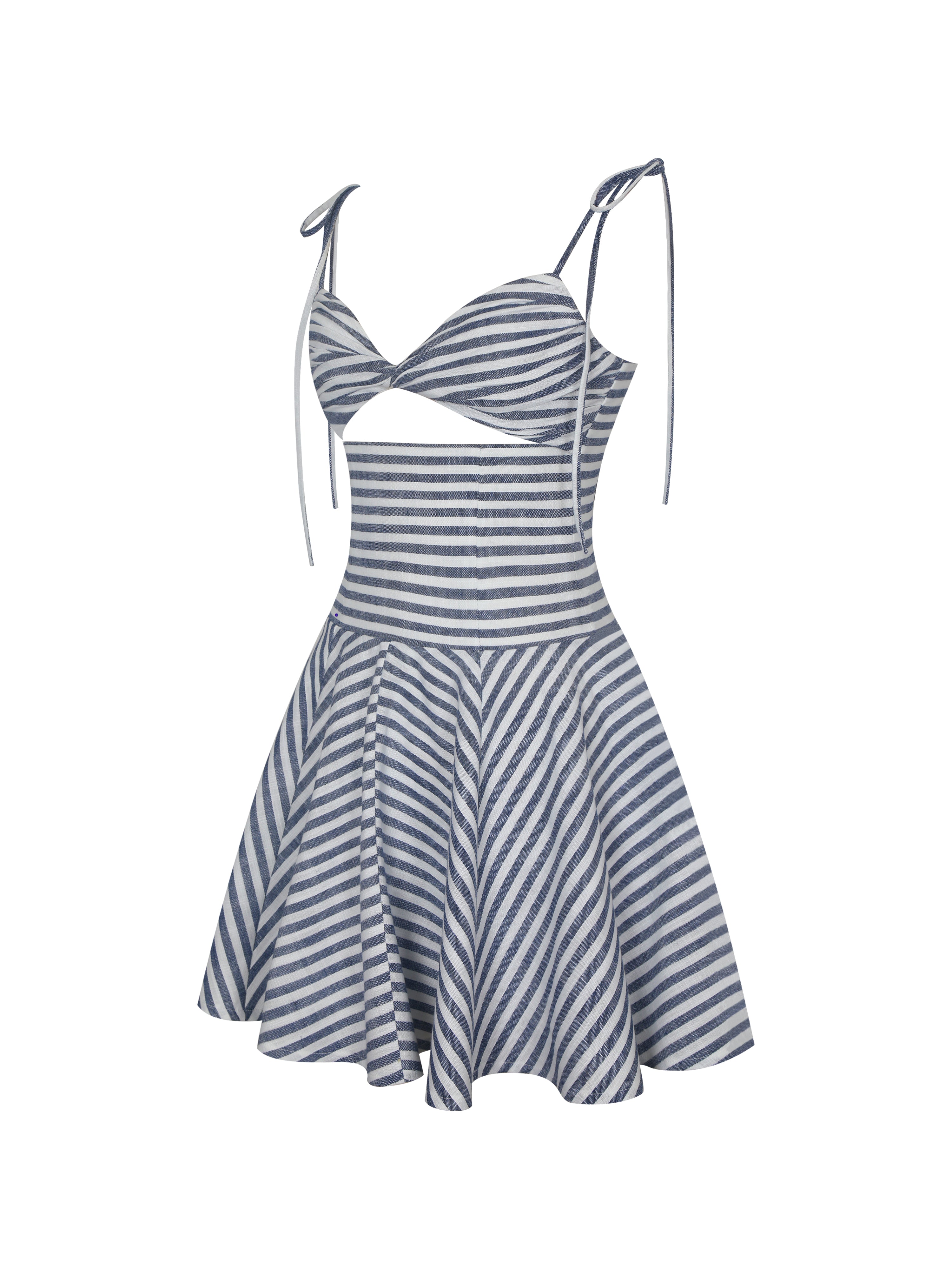 Vinaya Navy & White Striped Linen Flared Mini Dress