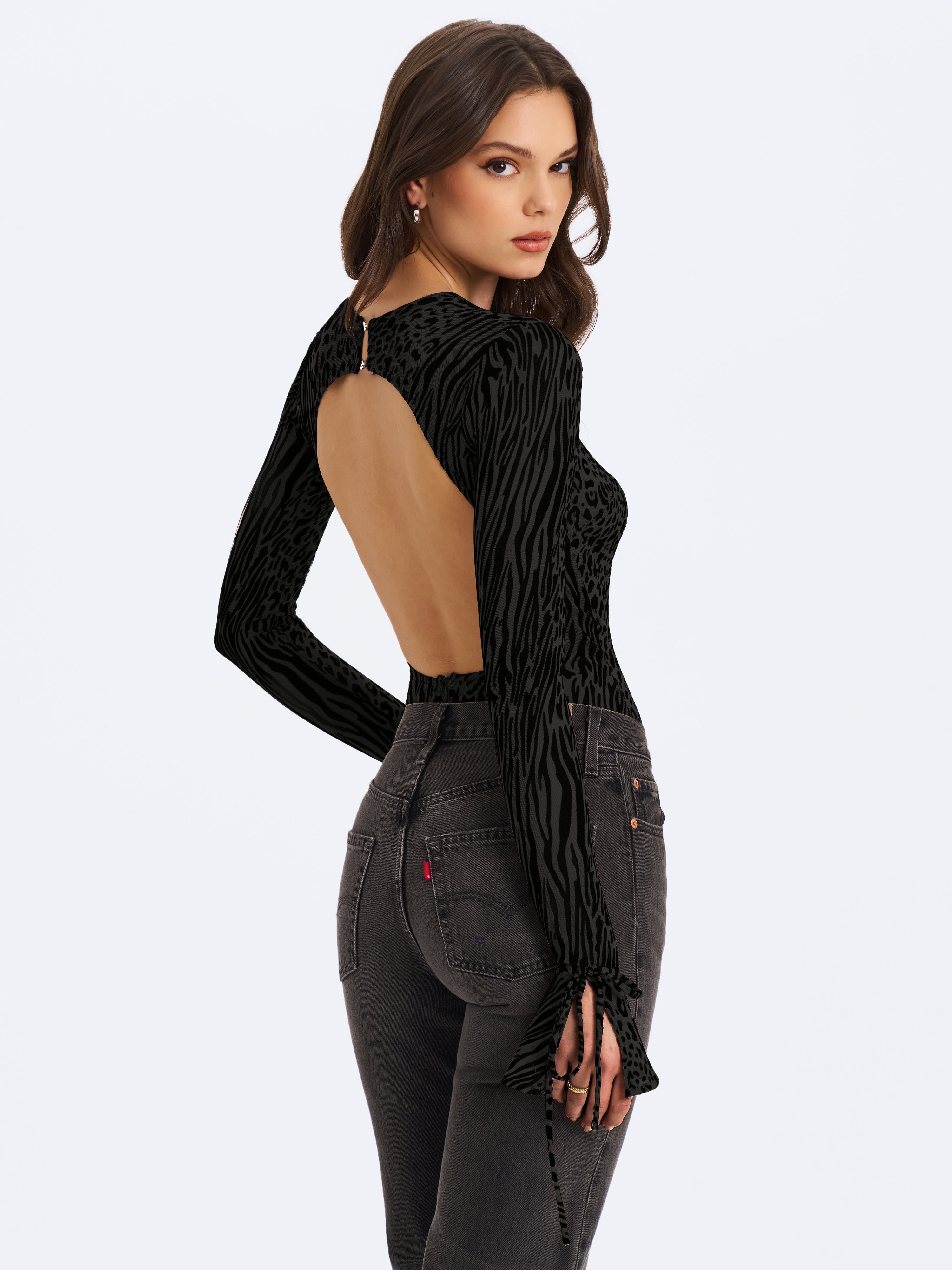 Ibera Black Animal Print Burnout Velvet Long Sleeve Bodysuit