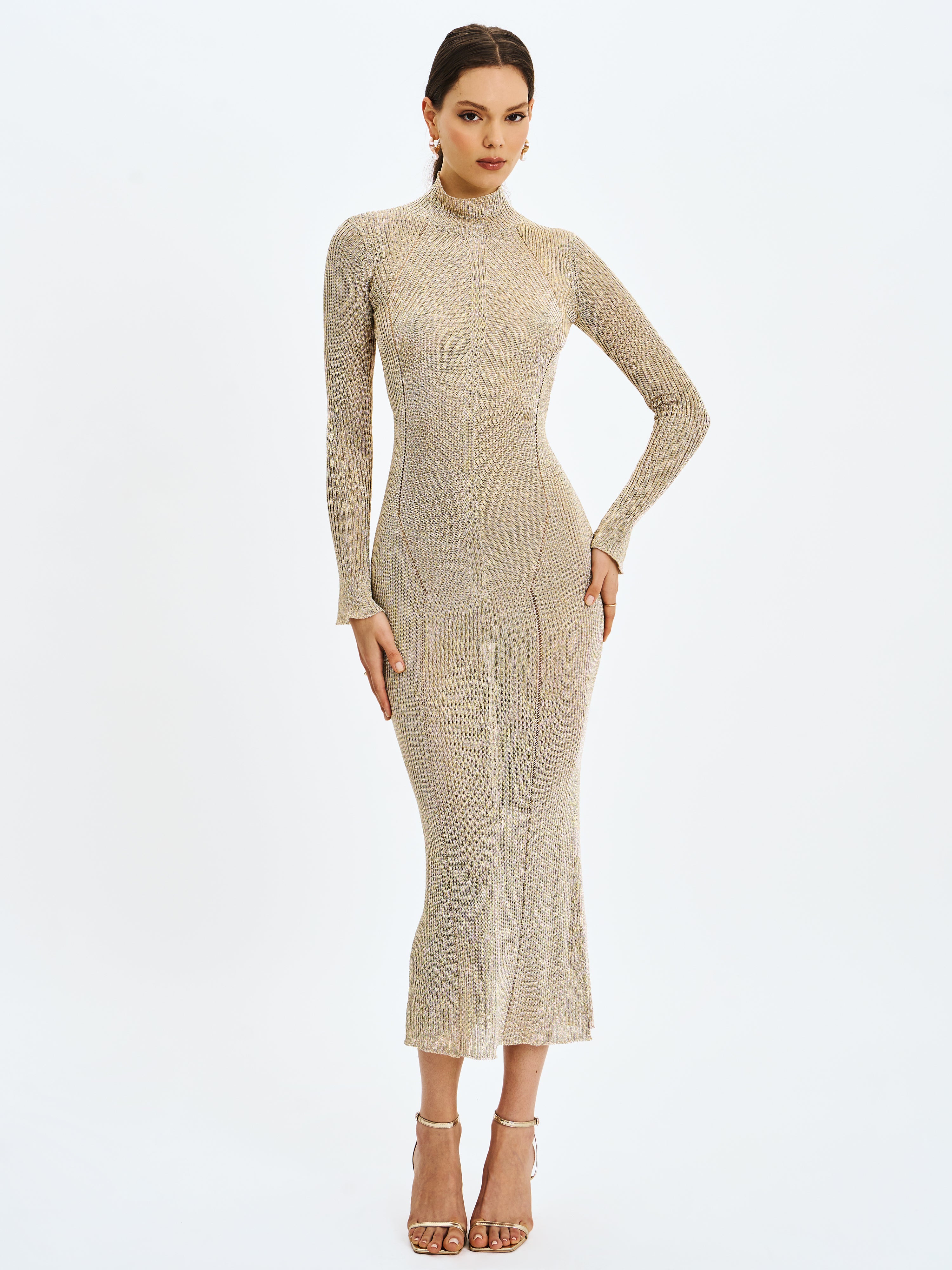 Shay Gold Stretch Knit Backless Long Sleeve Maxi Dress