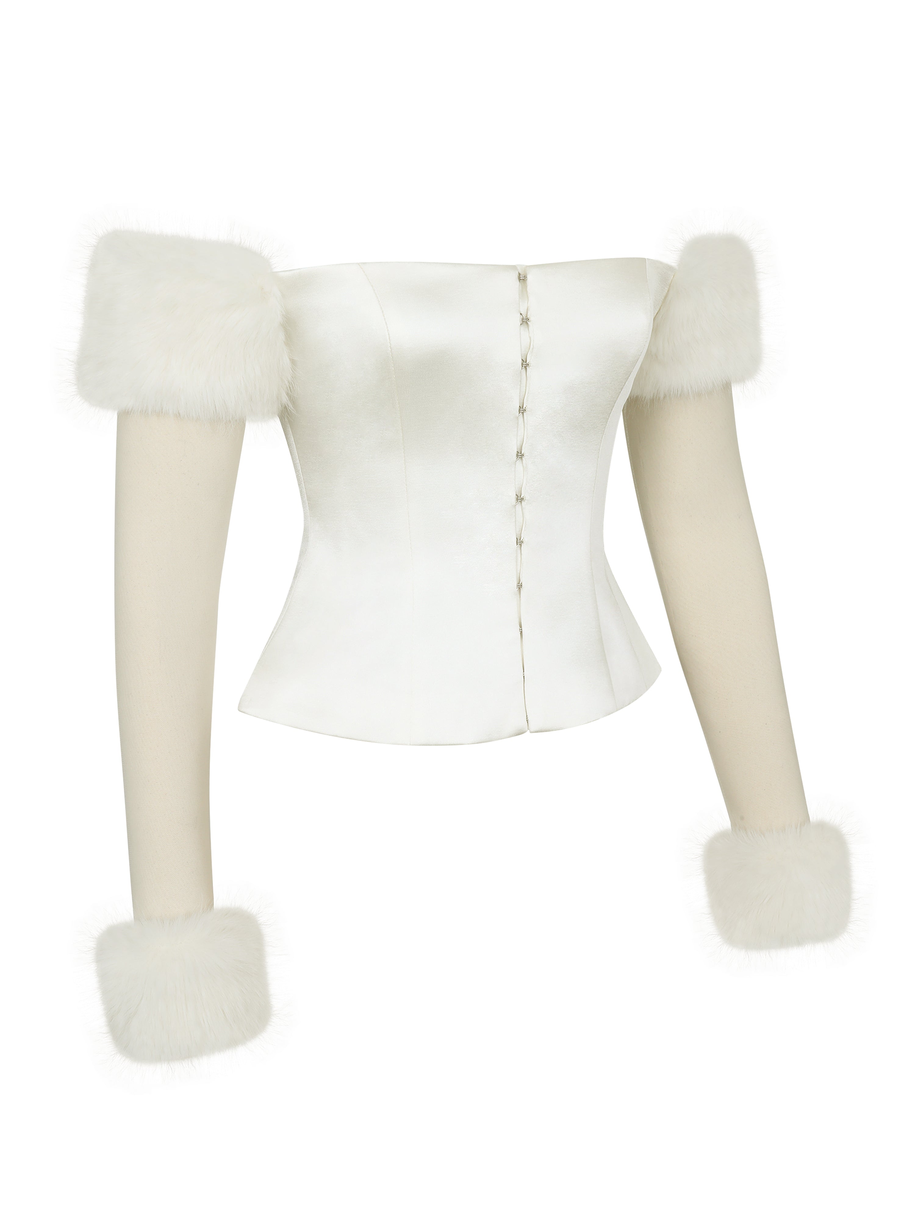 ommo 新品未使用　SLEEVE FUR BIG SHOULDER CT Nola Ivory Off-Shoulder Fur Trimmed Top