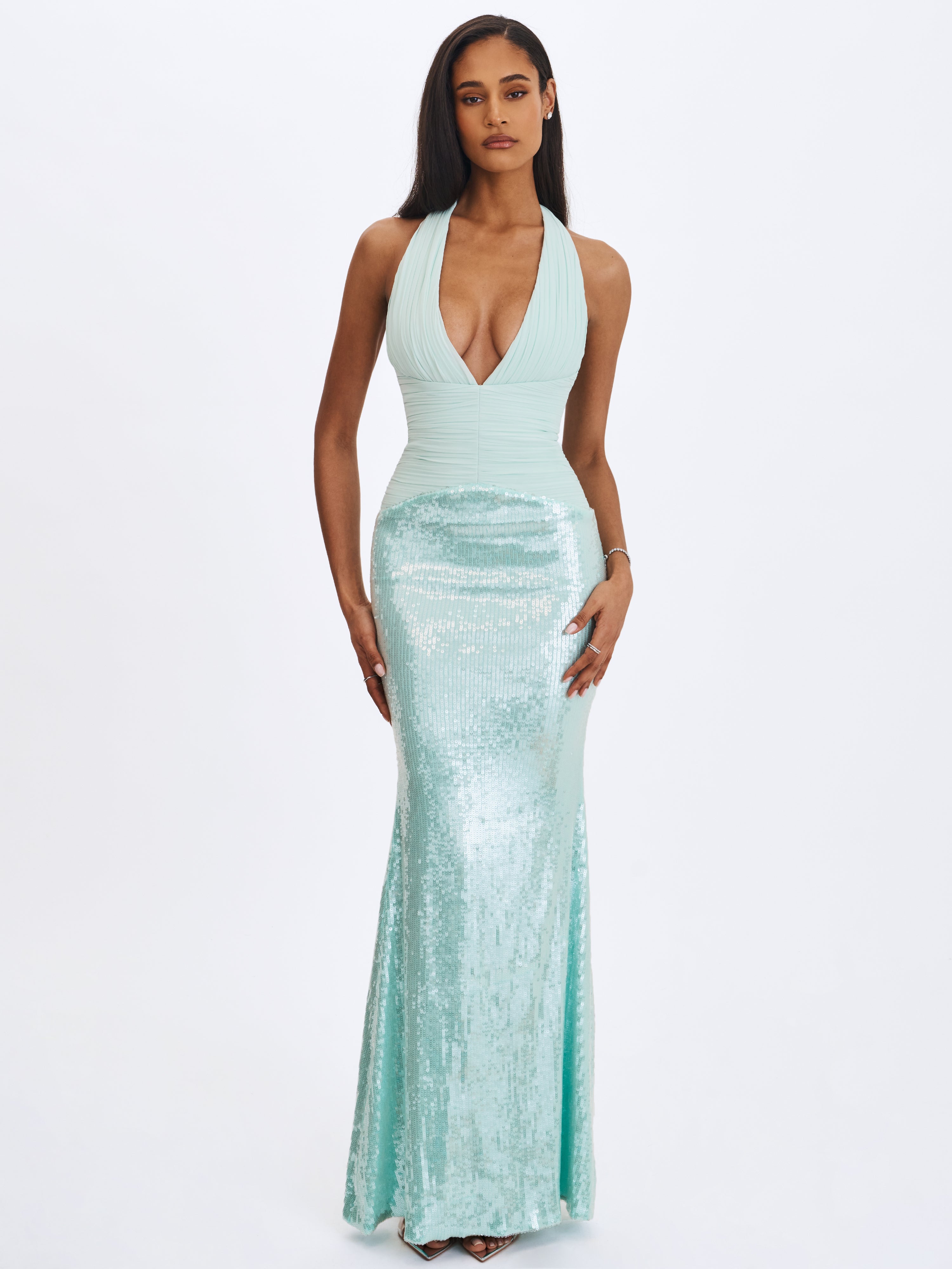Wendale Mint Sequin Plunging Mermaid Maxi Dress