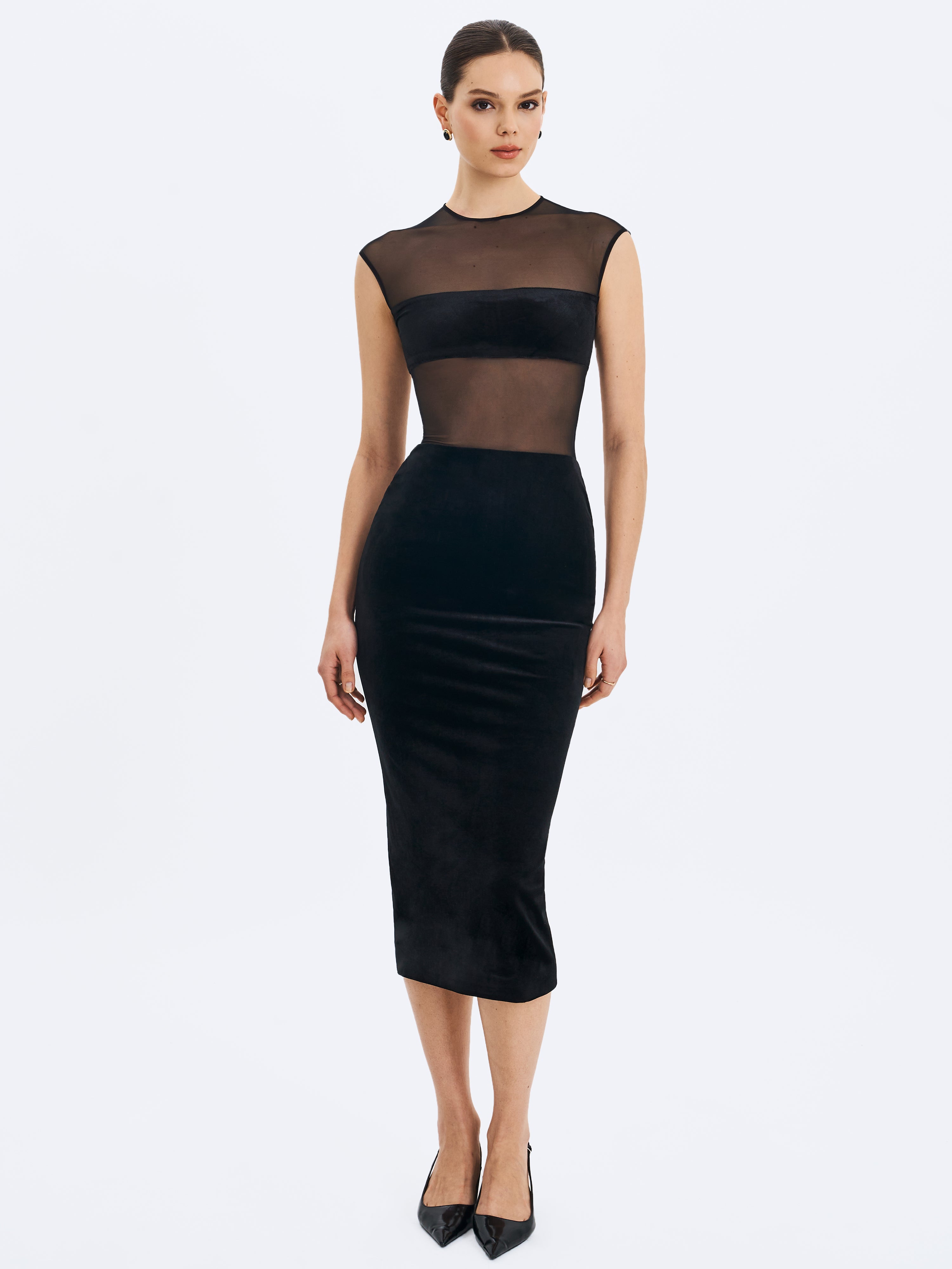 Quielle Black Mesh and Velvet Midi Bodycon Dress