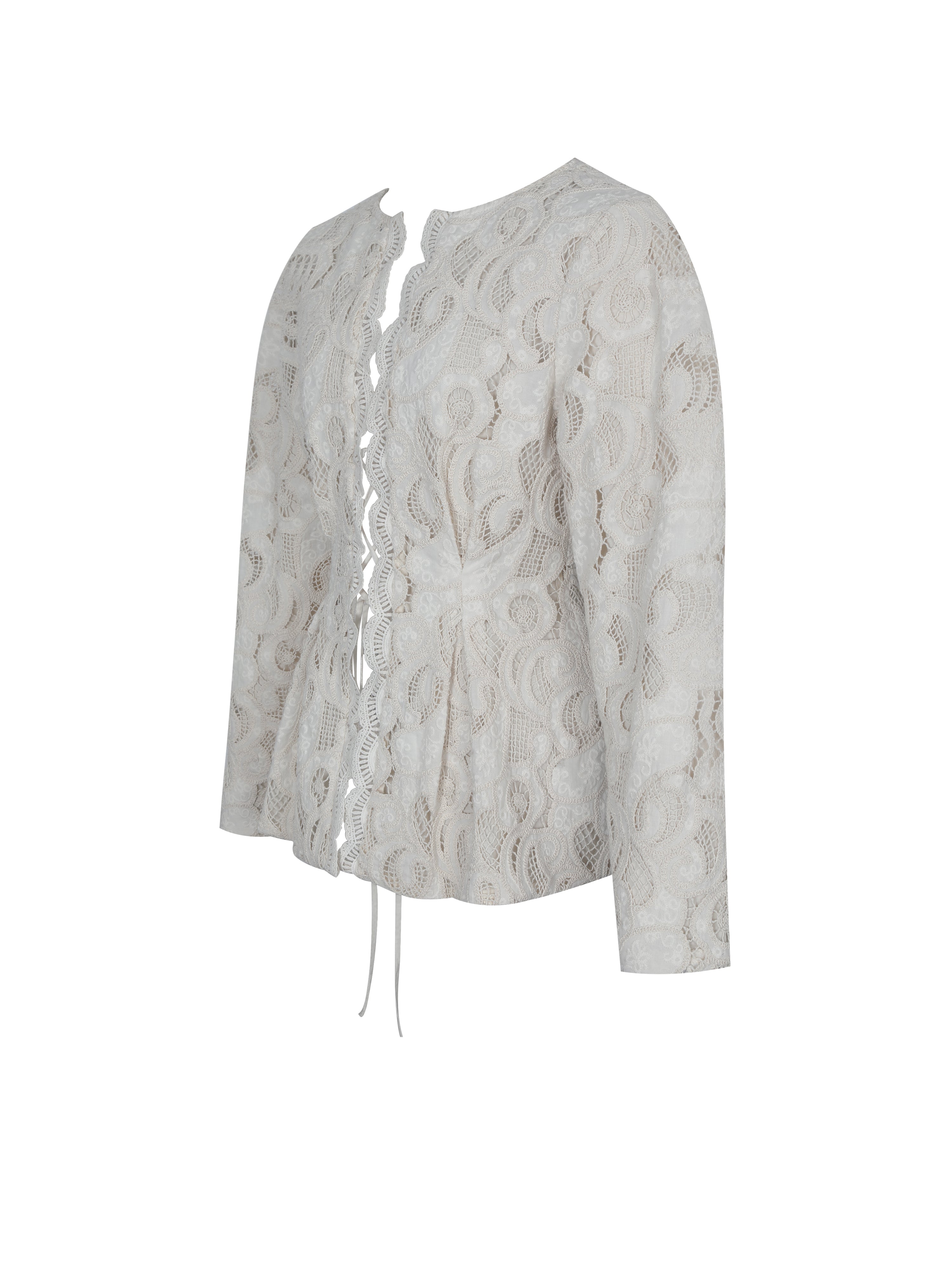 Wenley Beige Cotton Lace Puff Sleeve Cinched Top