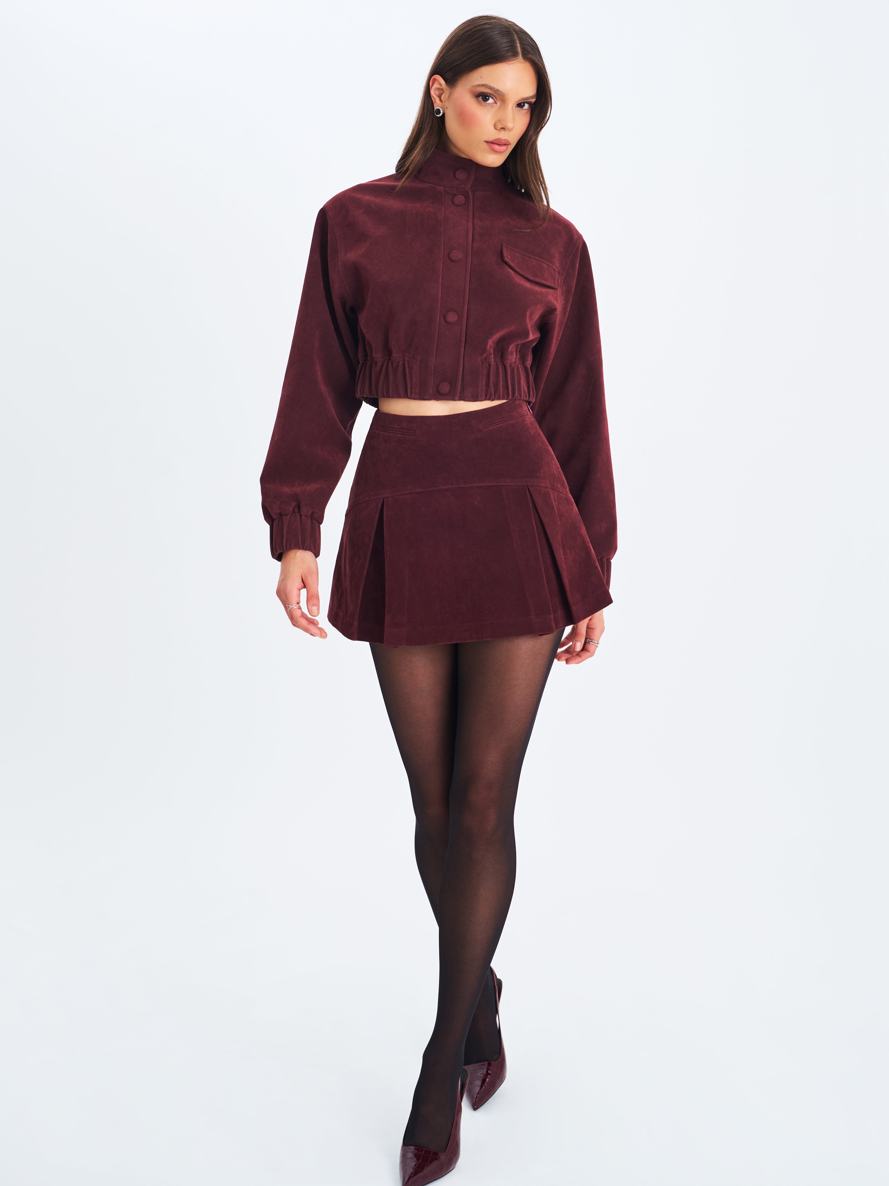Faryn Mahogany Vegan Suede Pleated A-Line Mini Skirt