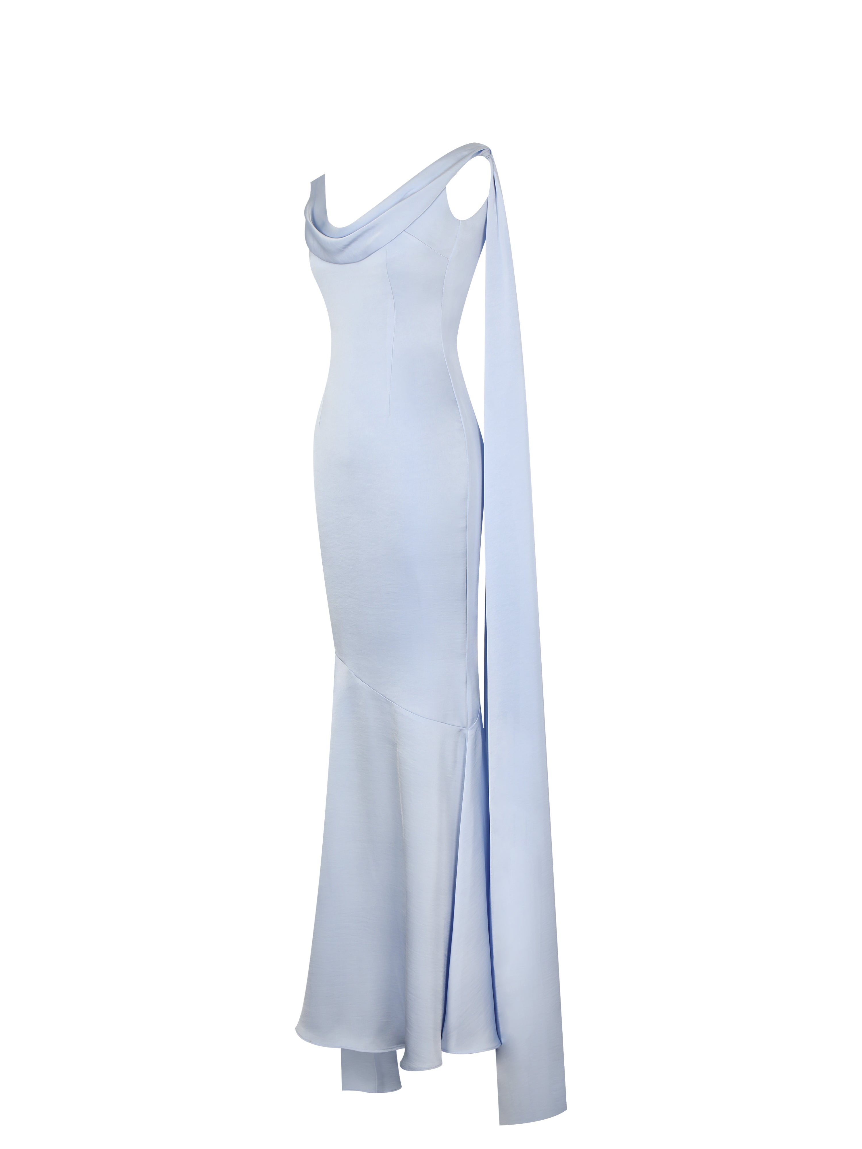 Eira Mist Blue Cowl Scarf-Detail Mermaid Maxi Dress