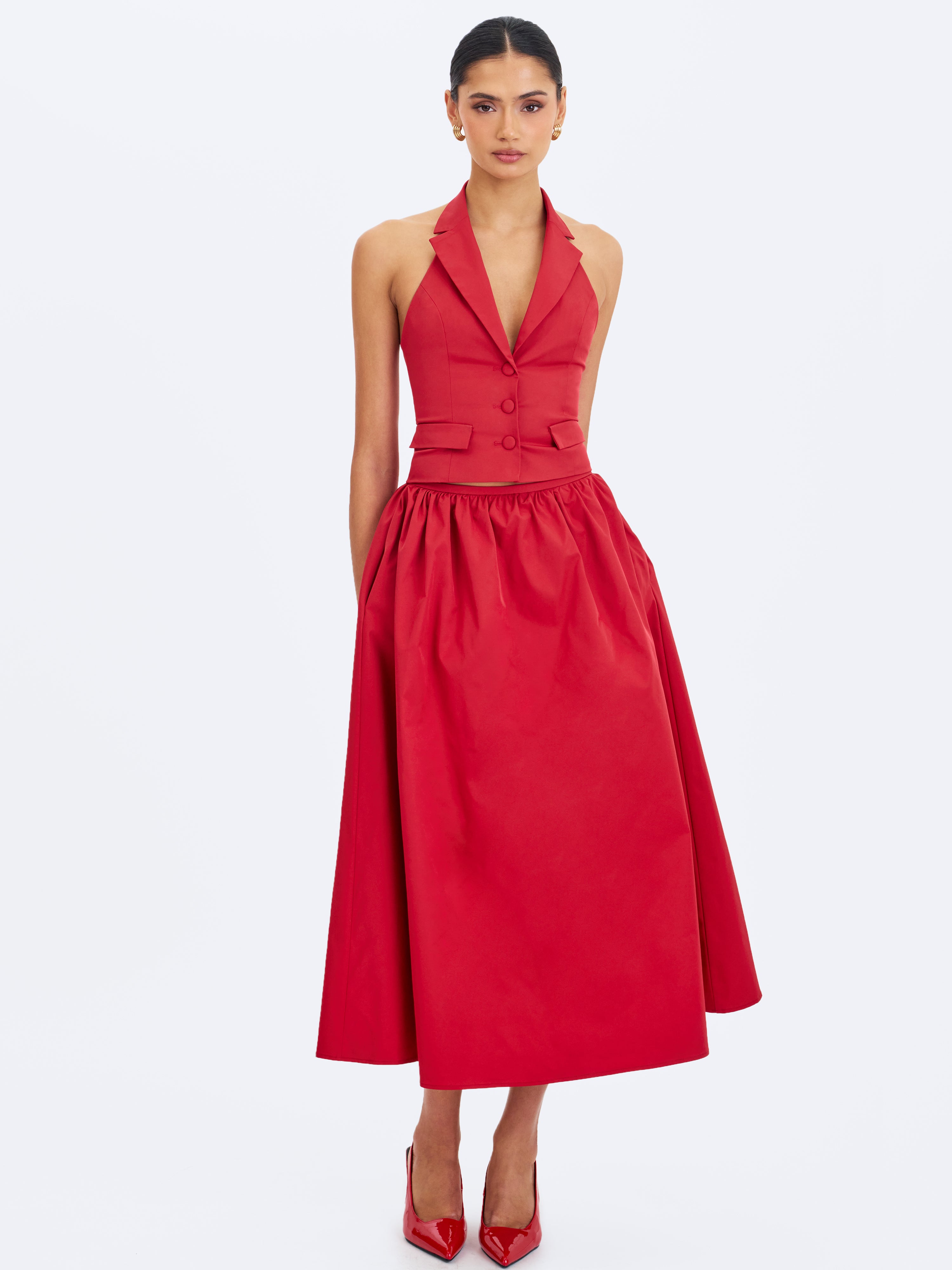 Ursella Crimson Halter Single-Breasted Lapel Top