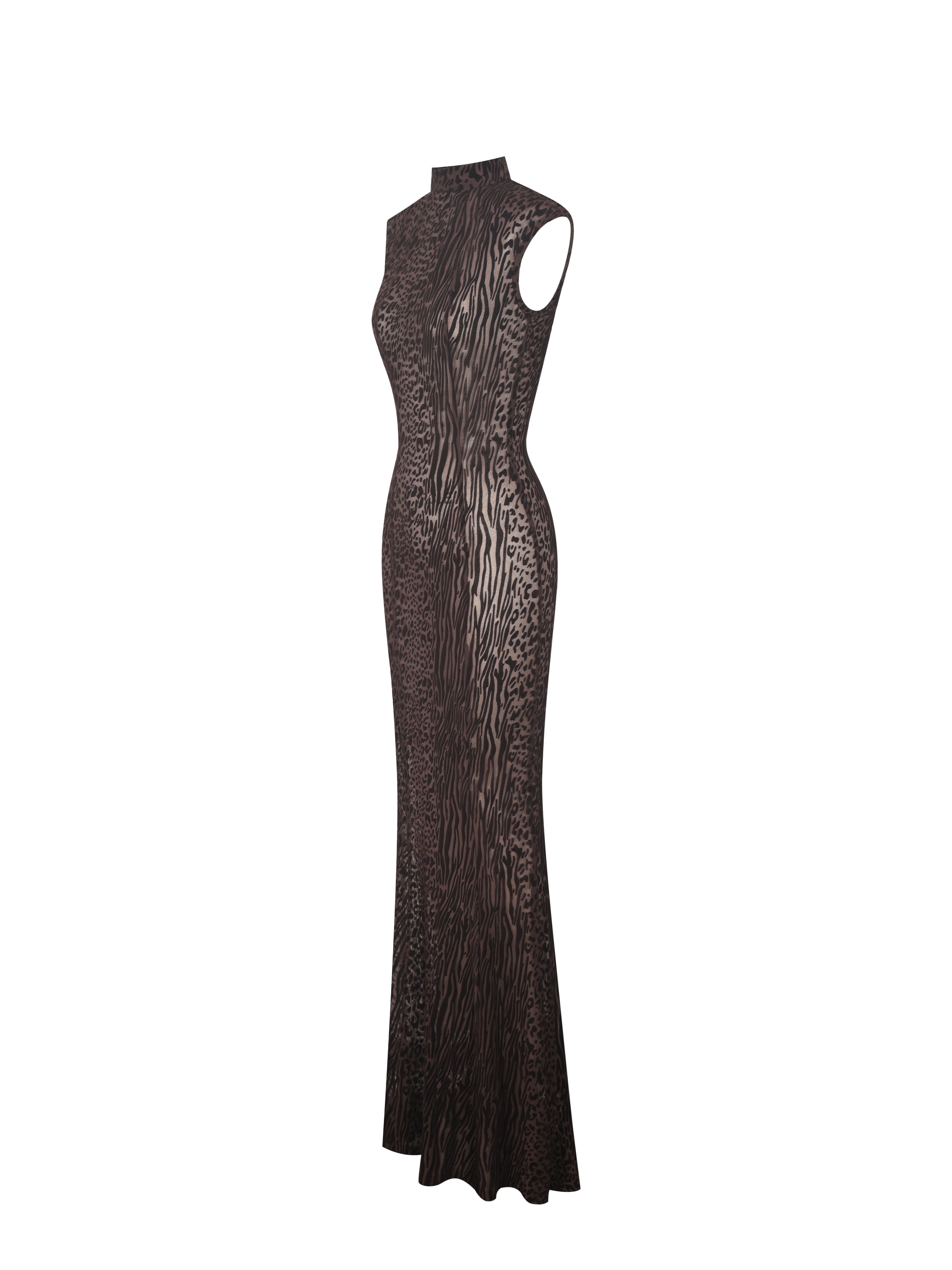 Tyanna Mocha Burnout Velvet Mesh Backless Mermaid Maxi Dress