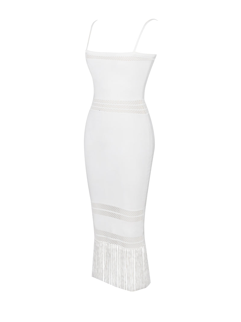 Soraya White Knit Crochet Fringe Midi Dress