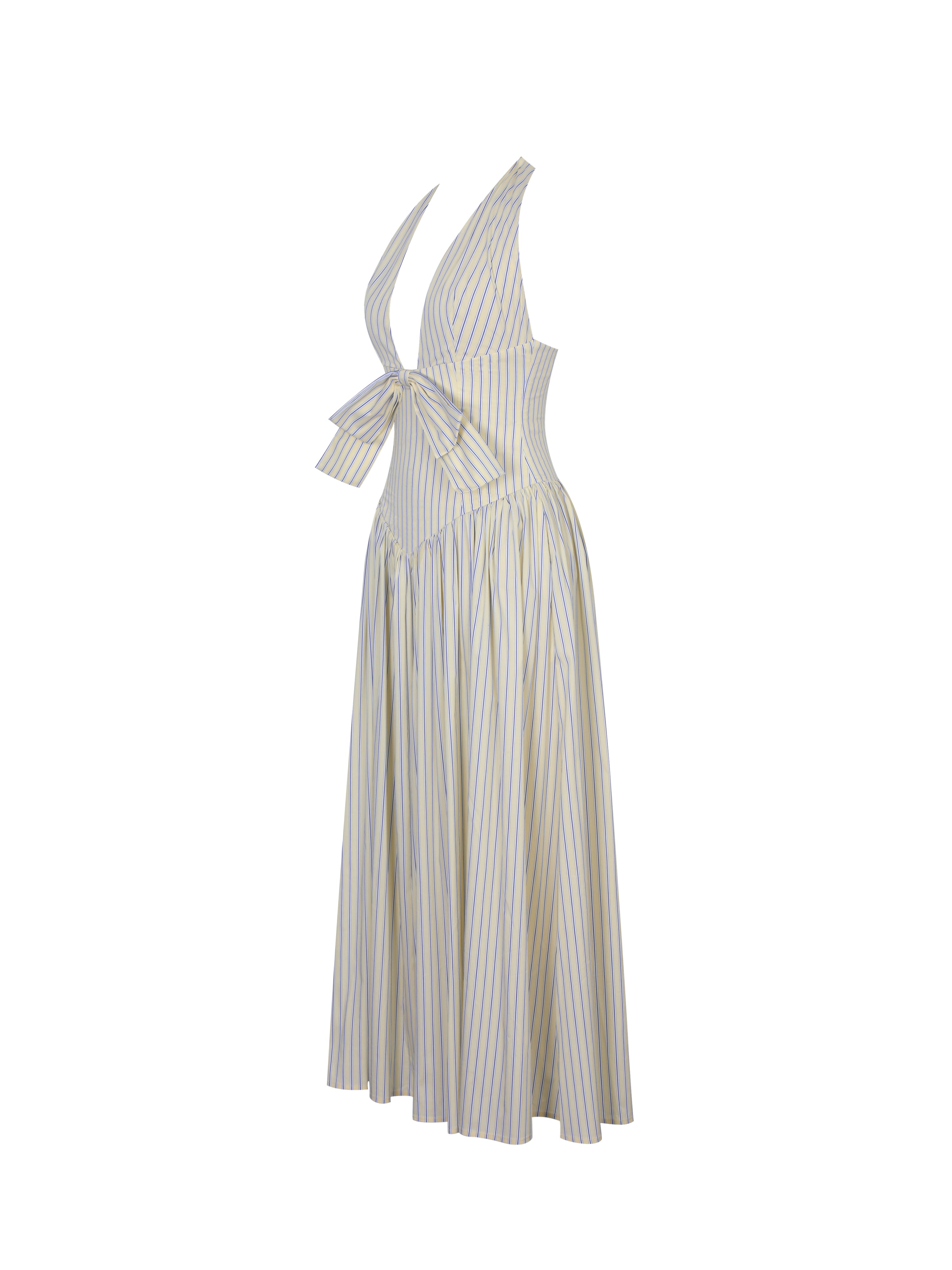 Talise Lemon Yellow Cotton Poplin Stripe Plunging Halter Maxi Dress