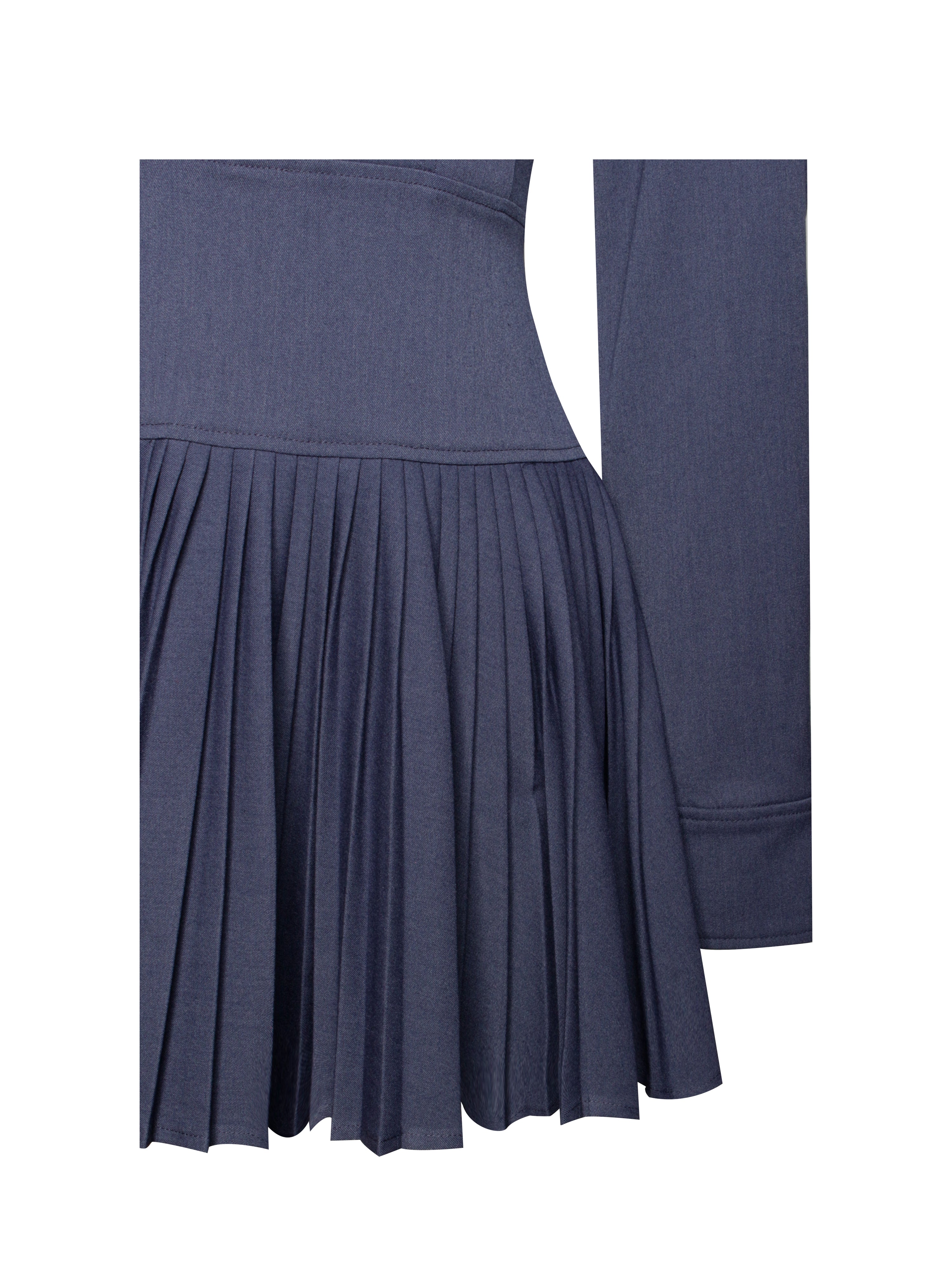 Valarie Navy Blue Denim Style Pleated Mini Dress