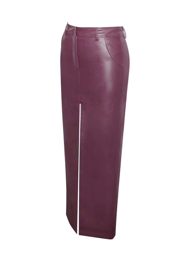 Noya Purple Front Slit Vegan Leather Skirt