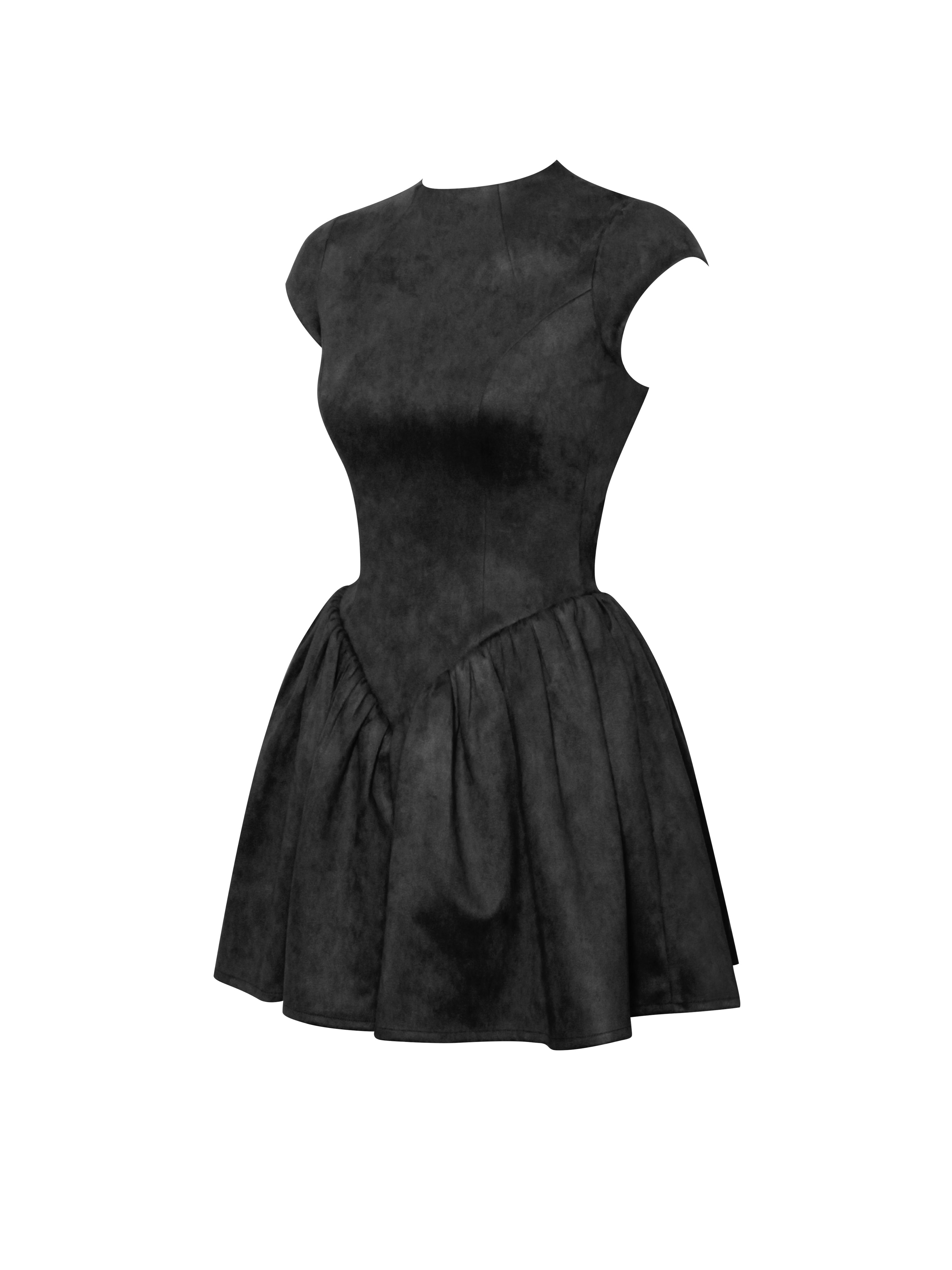 Jacqueline Backless Black Mini Puffy Suede Dress